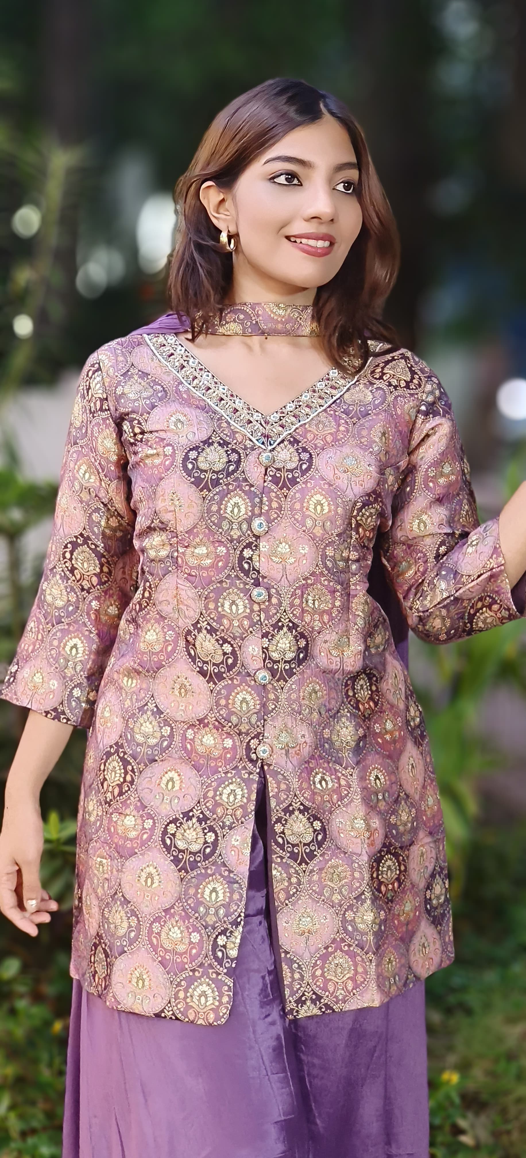 Brocade V-Neck Short Kurta With Chinon Palazzo Pant & Dupatta