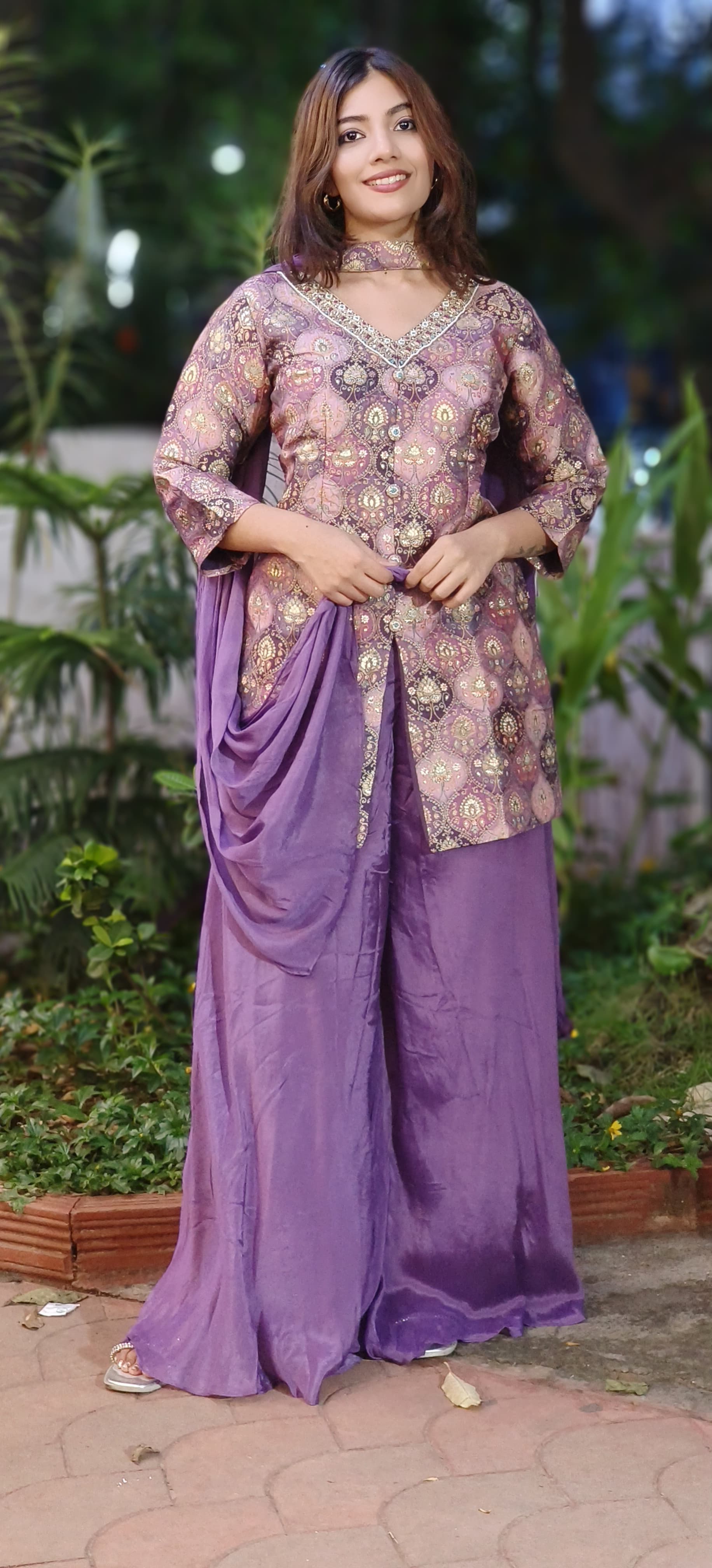 Brocade V-Neck Short Kurta With Chinon Palazzo Pant & Dupatta