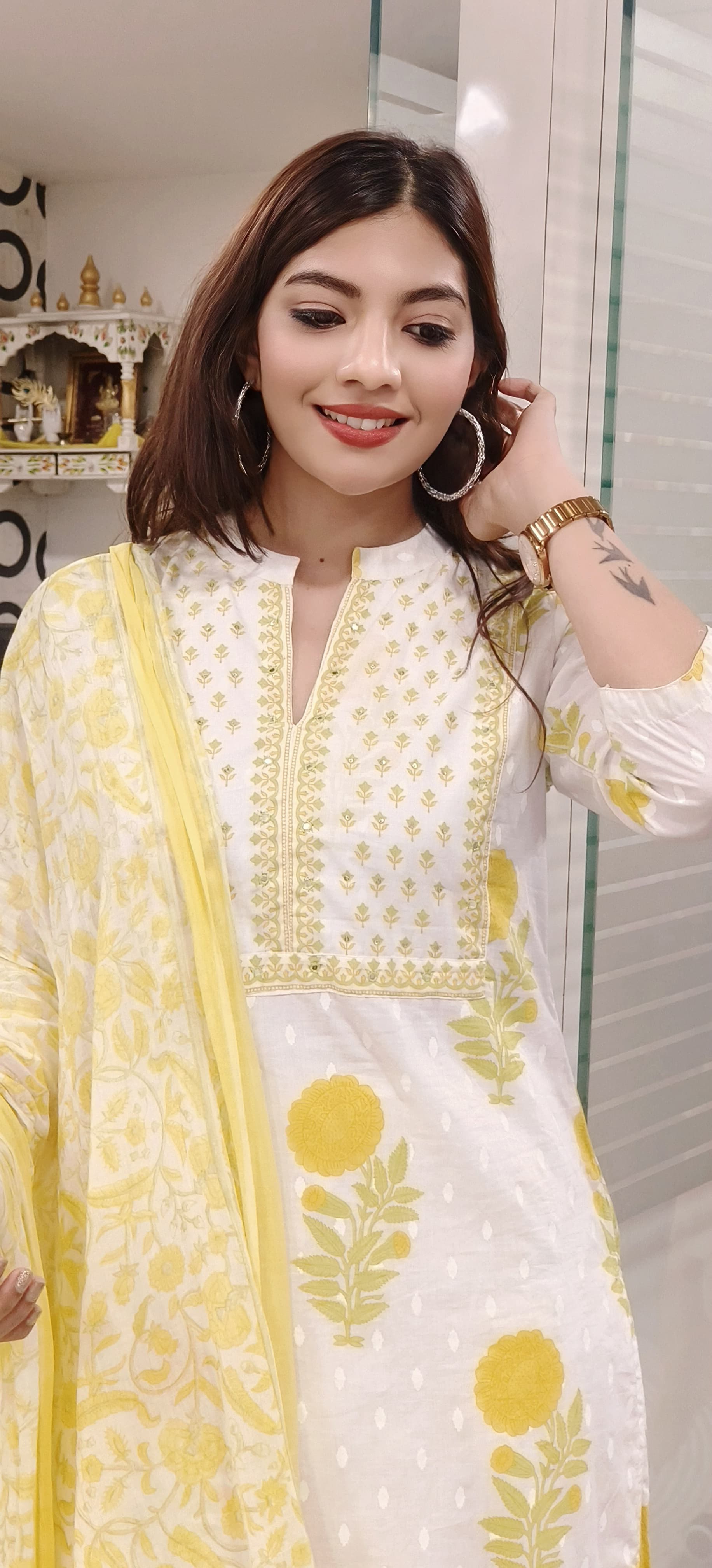 Beautiful Yoke Floral Printed Cotton A-Line Full Suit With Dupatta- 09844