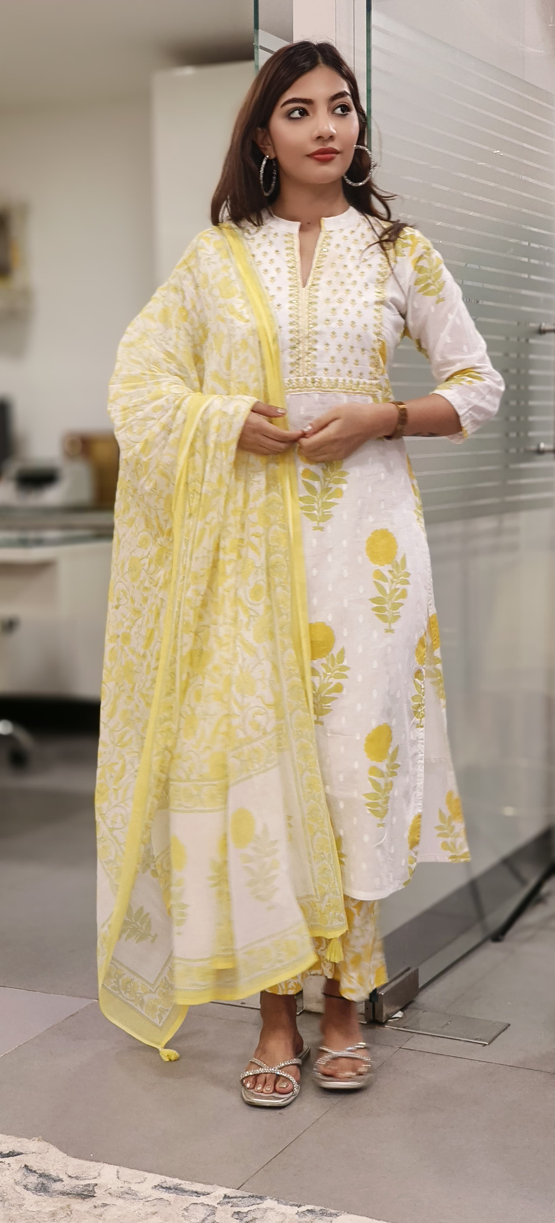 Beautiful Yoke Floral Printed Cotton A-Line Full Suit With Dupatta- 09844