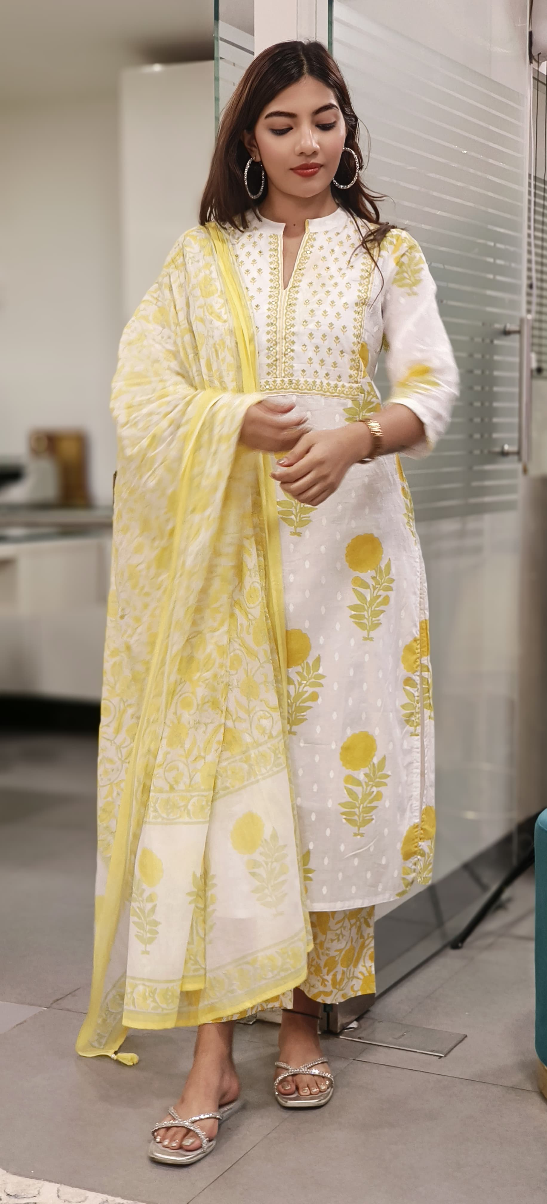 Beautiful Yoke Floral Printed Cotton A-Line Full Suit With Dupatta- 09844