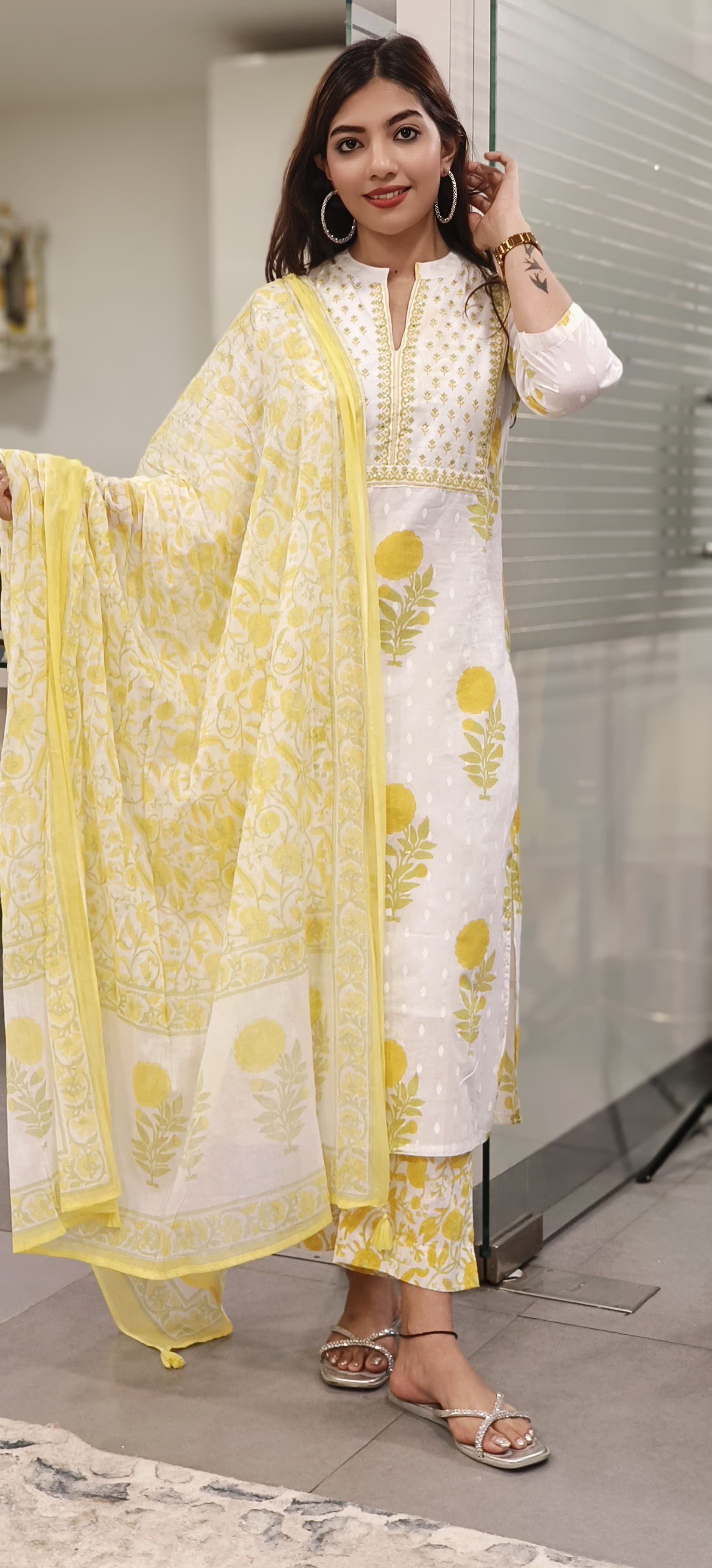 Beautiful Yoke Floral Printed Cotton A-Line Full Suit With Dupatta- 09844