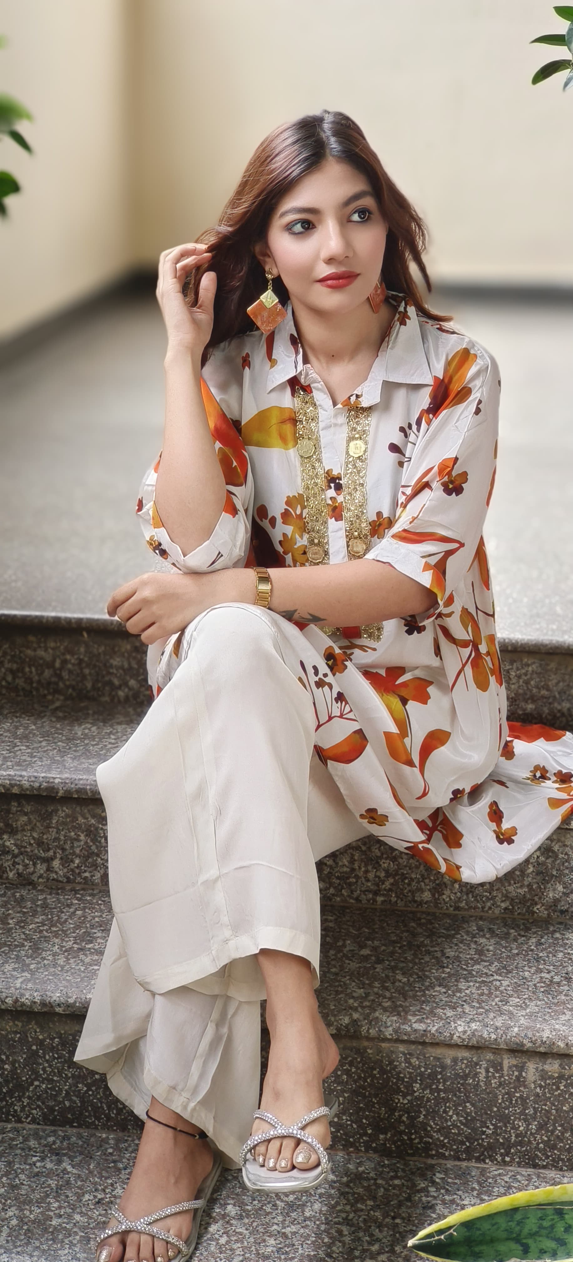 Collared Over Sized Kaftan With Coin Work & Bottom In Crepe Fabric- 10036