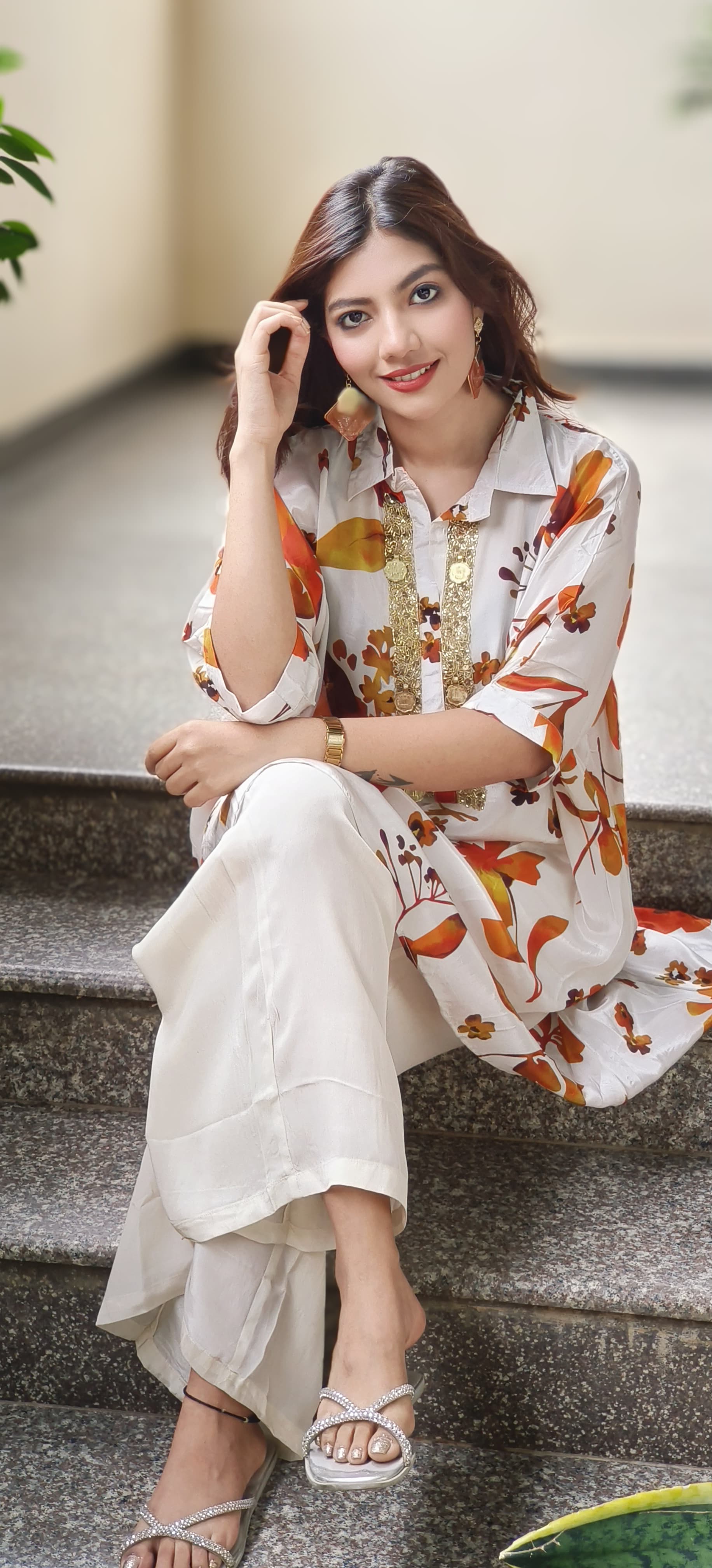 Collared Over Sized Kaftan With Coin Work & Bottom In Crepe Fabric- 10036