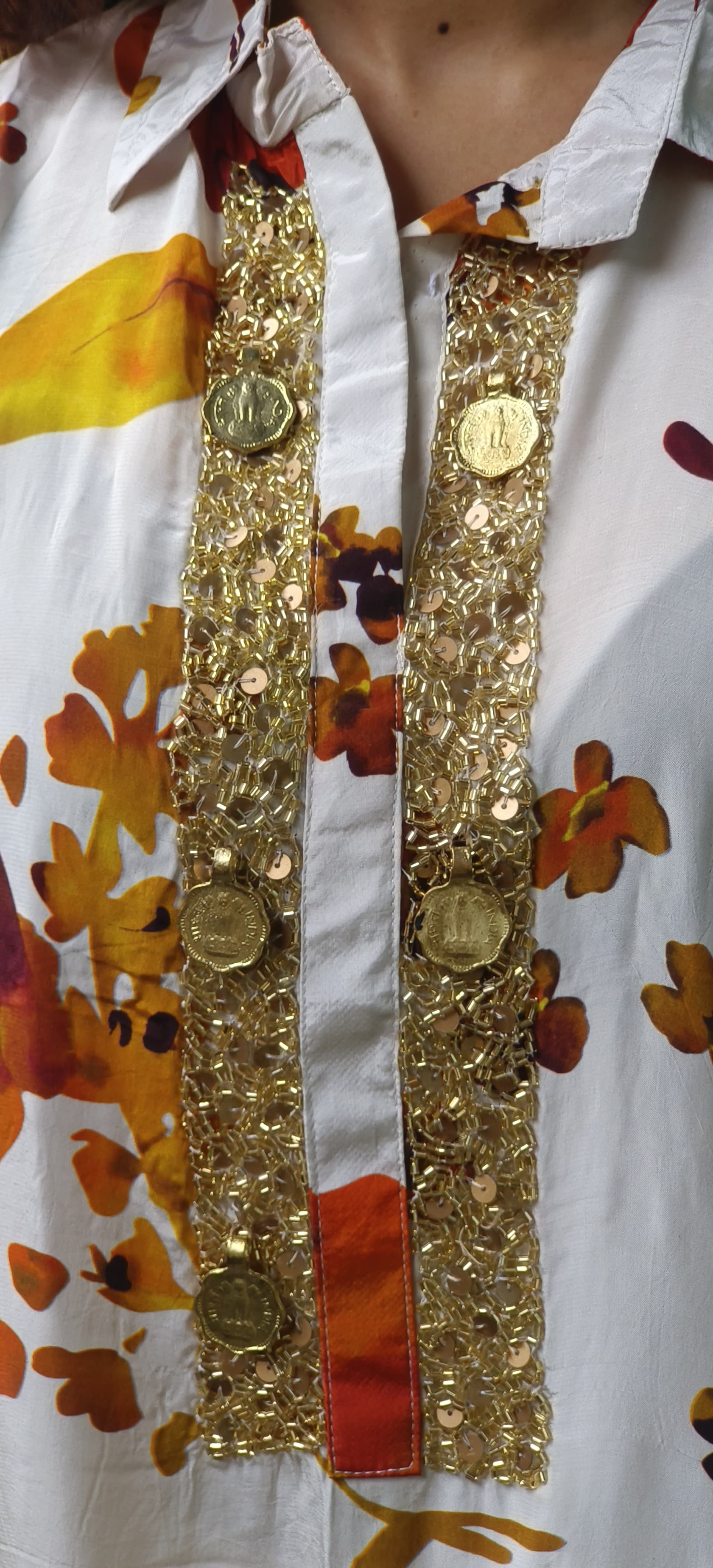 Collared Over Sized Kaftan With Coin Work & Bottom In Crepe Fabric- 10036