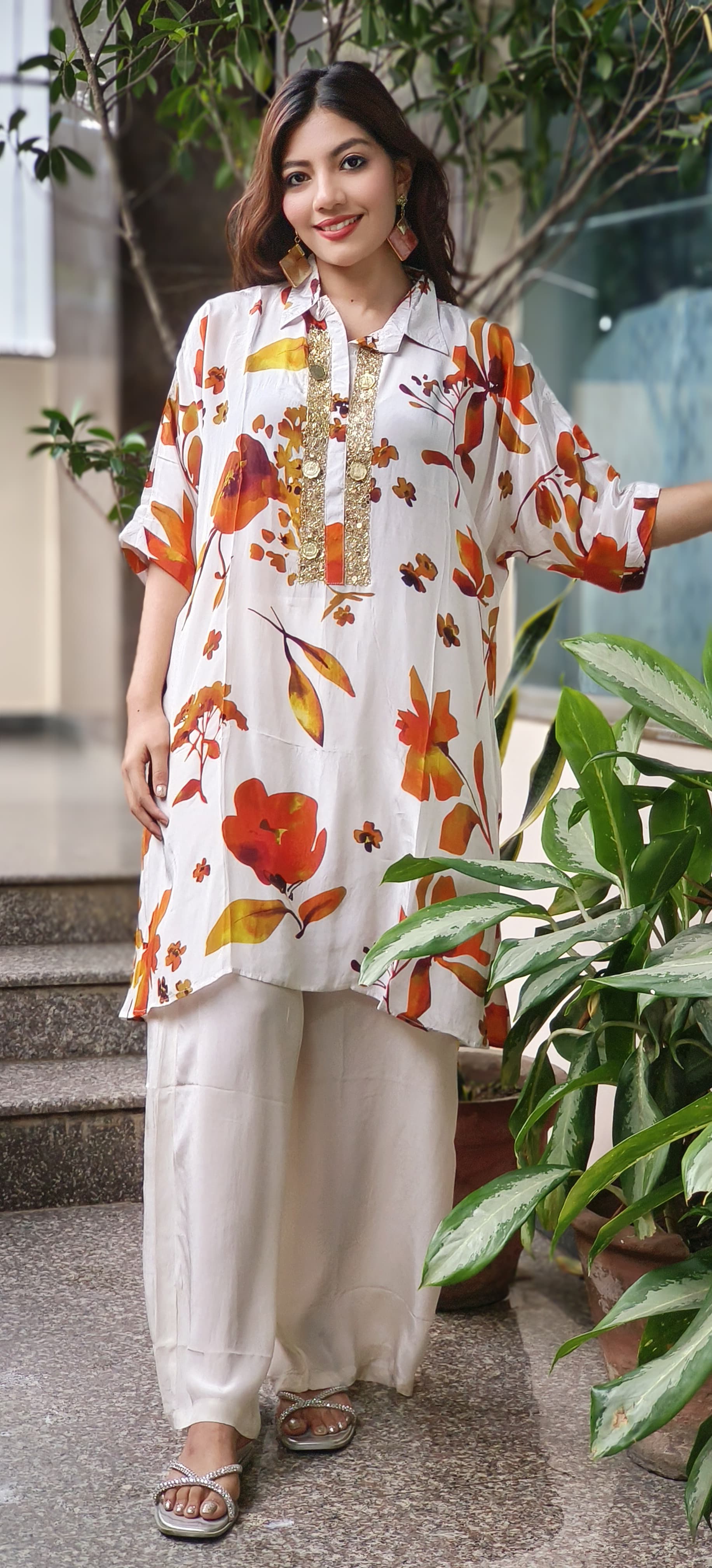 Collared Over Sized Kaftan With Coin Work & Bottom In Crepe Fabric- 10036