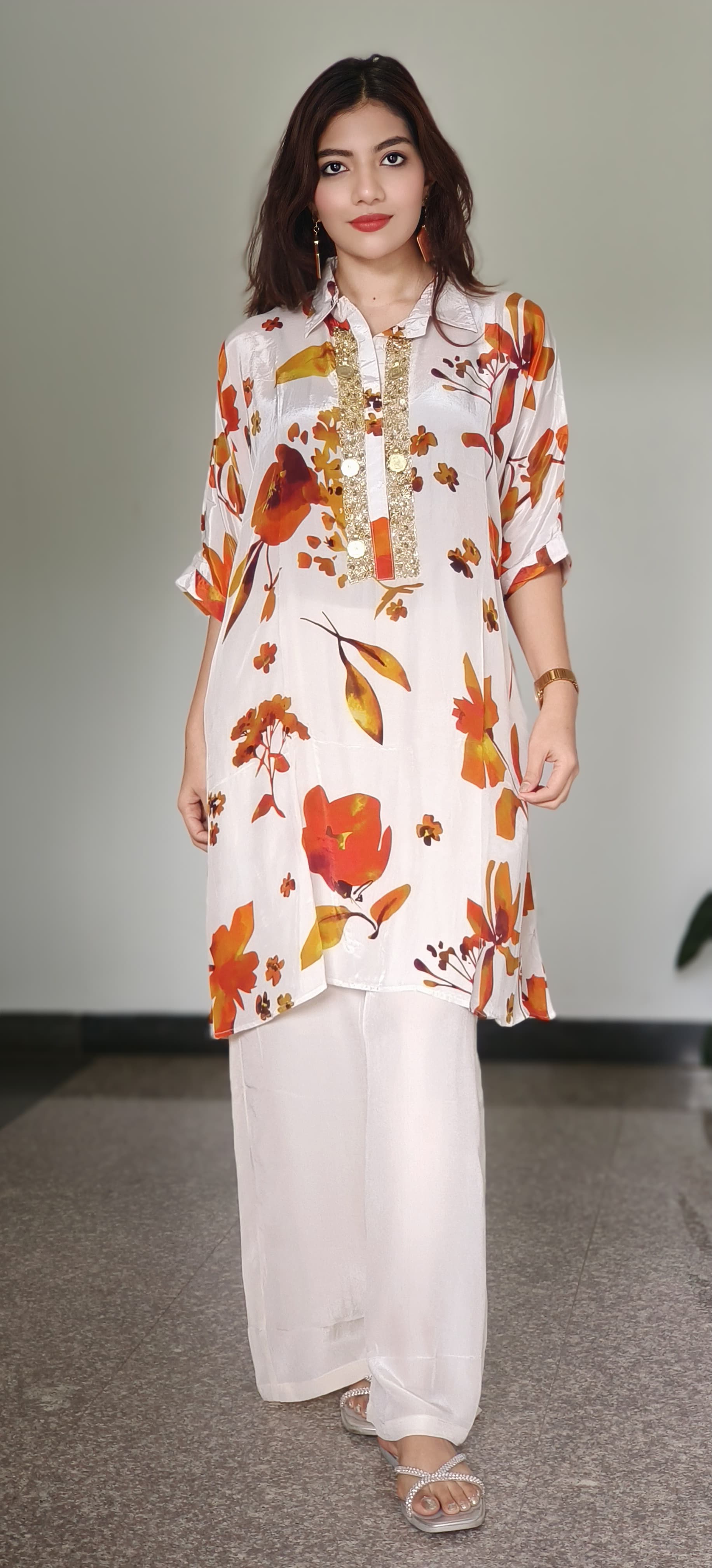 Collared Over Sized Kaftan With Coin Work & Bottom In Crepe Fabric- 10036