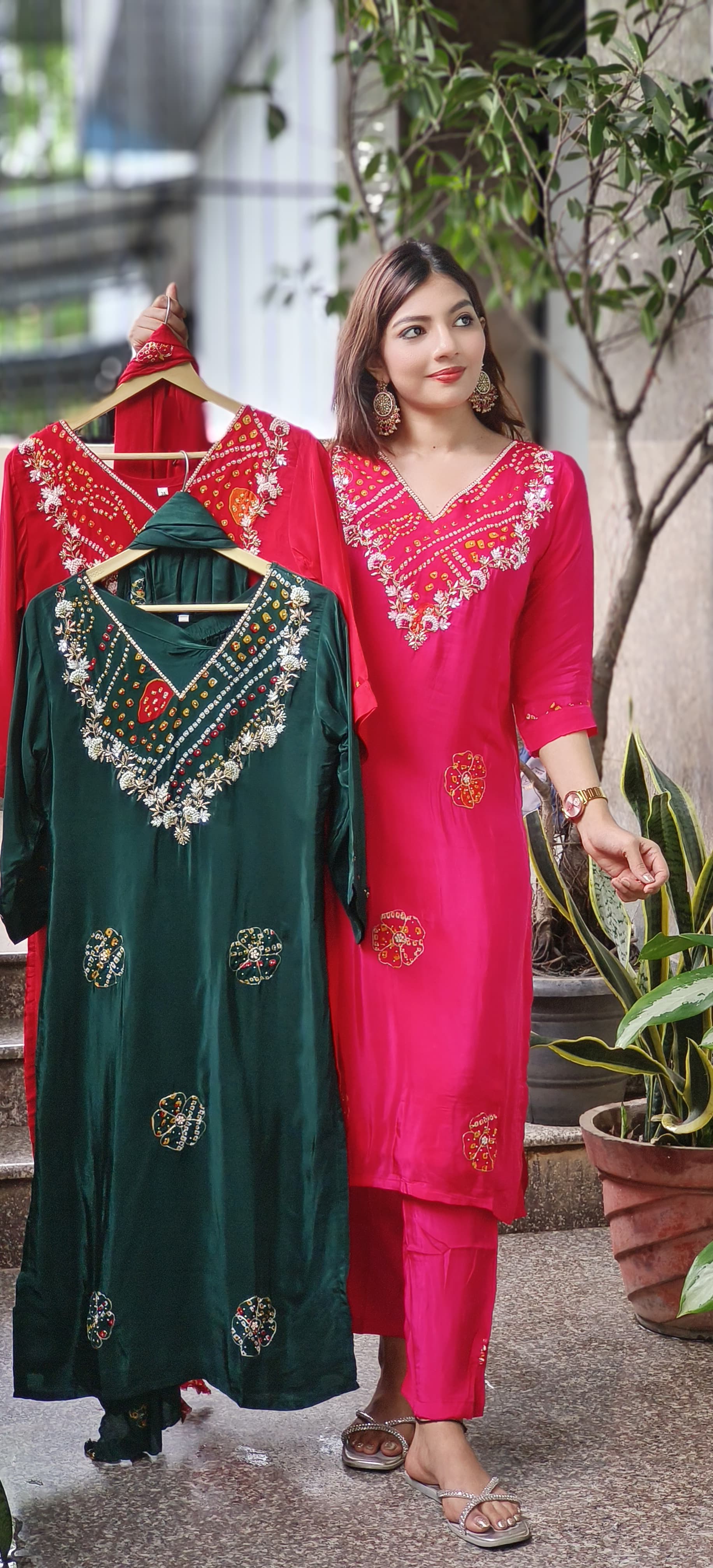 Pearl & Beads Bandhani Work V-Neck Kurta(Lining Inside) With Bottom & Dupatta In Crepe Fabric- 10043 (Red Colour Dispatching Will Be after 25 Days)