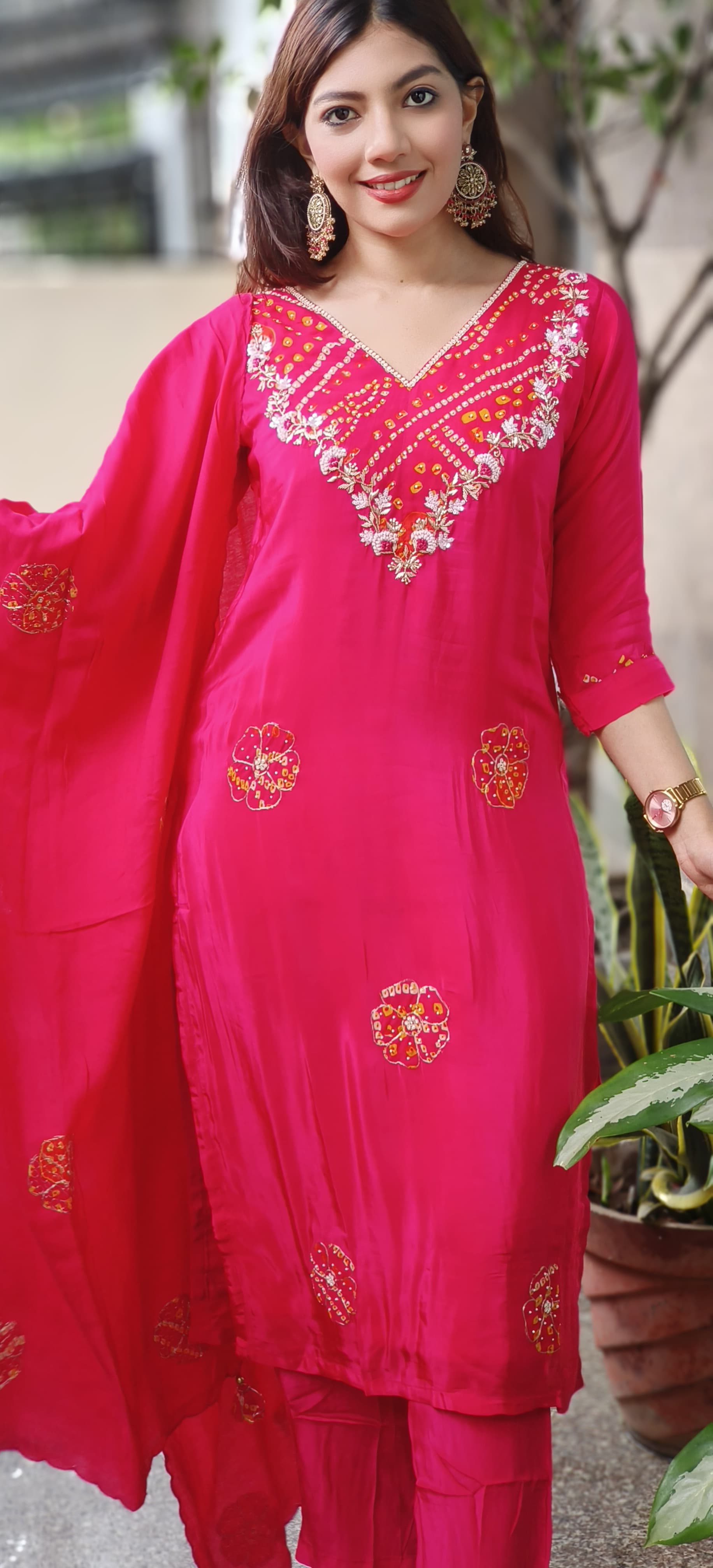 Pearl & Beads Bandhani Work V-Neck Kurta(Lining Inside) With Bottom & Dupatta In Crepe Fabric- 10043 (Red Colour Dispatching Will Be after 25 Days)