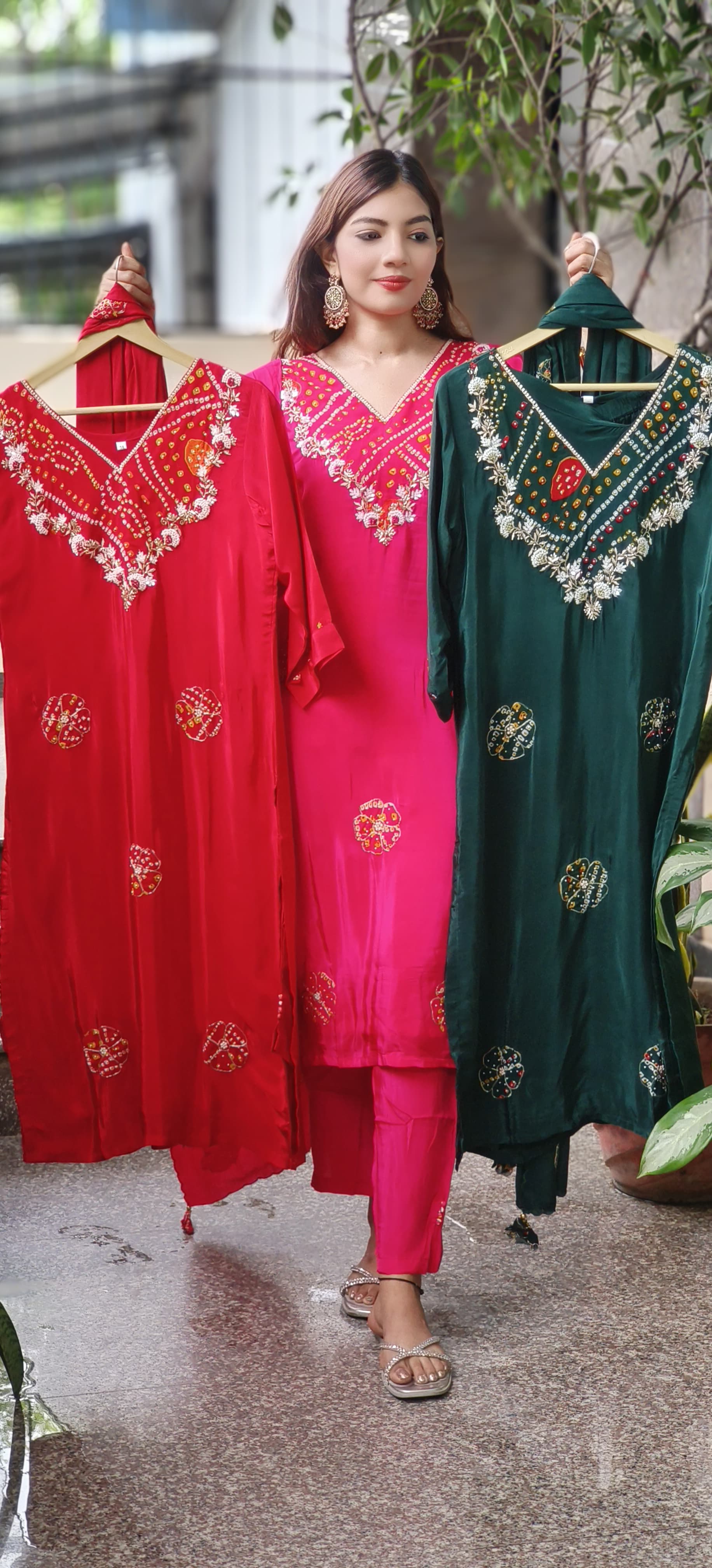 Pearl & Beads Bandhani Work V-Neck Kurta(Lining Inside) With Bottom & Dupatta In Crepe Fabric- 10043 (Red Colour Dispatching Will Be after 25 Days)