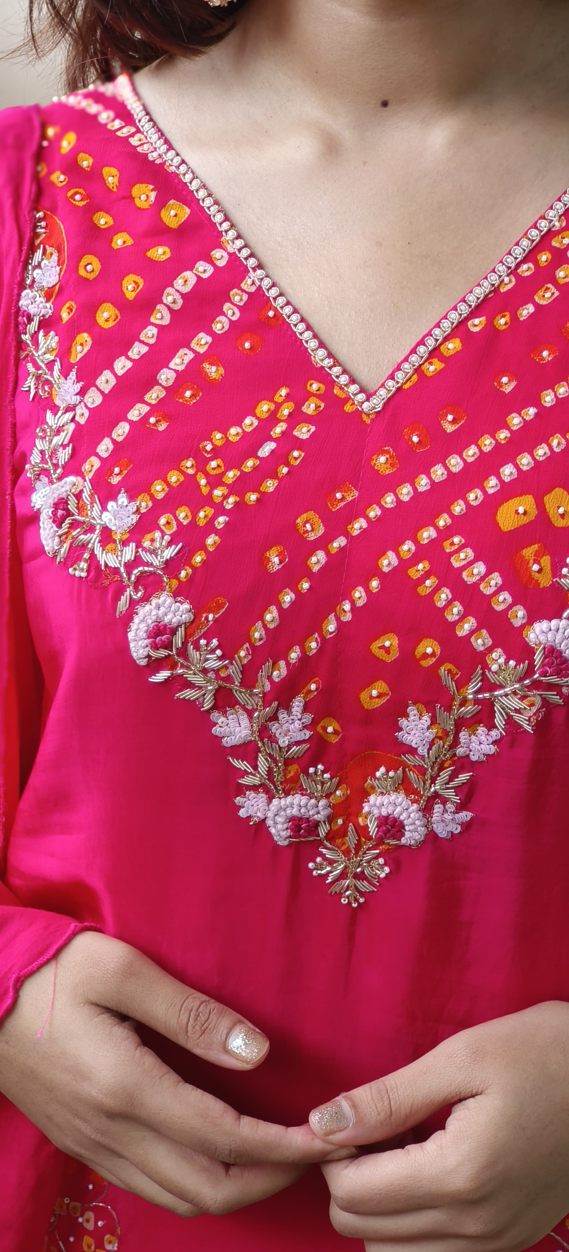Pearl & Beads Bandhani Work V-Neck Kurta(Lining Inside) With Bottom & Dupatta In Crepe Fabric- 10043 (Red Colour Dispatching Will Be after 25 Days)
