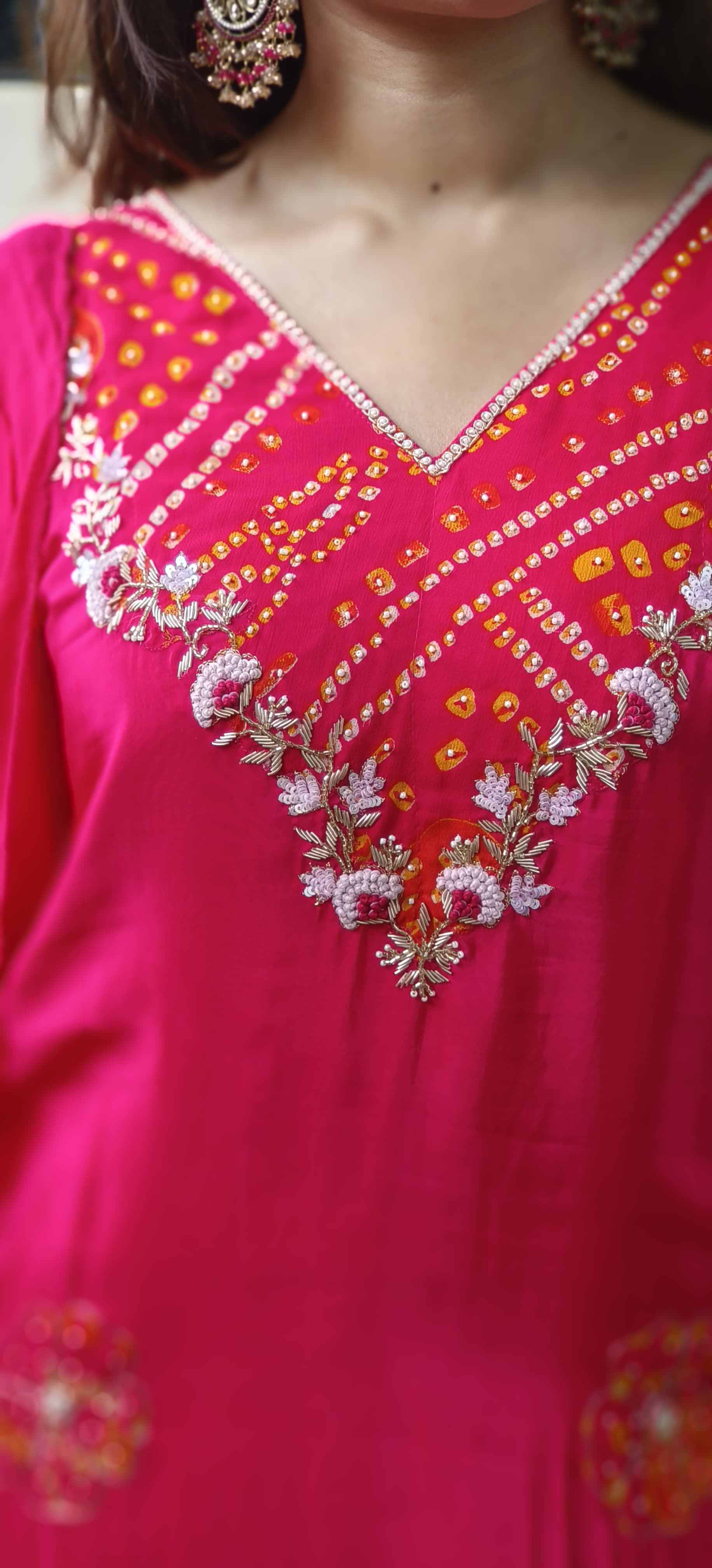 Pearl & Beads Bandhani Work V-Neck Kurta(Lining Inside) With Bottom & Dupatta In Crepe Fabric- 10043 (Red Colour Dispatching Will Be after 25 Days)