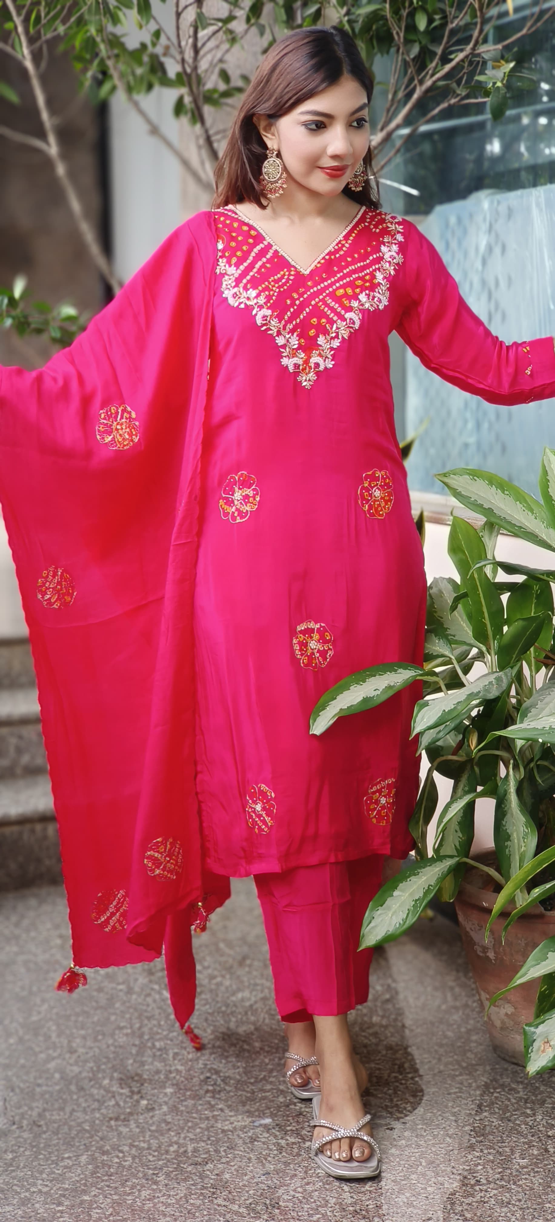 Pearl & Beads Bandhani Work V-Neck Kurta(Lining Inside) With Bottom & Dupatta In Crepe Fabric- 10043 (Red Colour Dispatching Will Be after 25 Days)