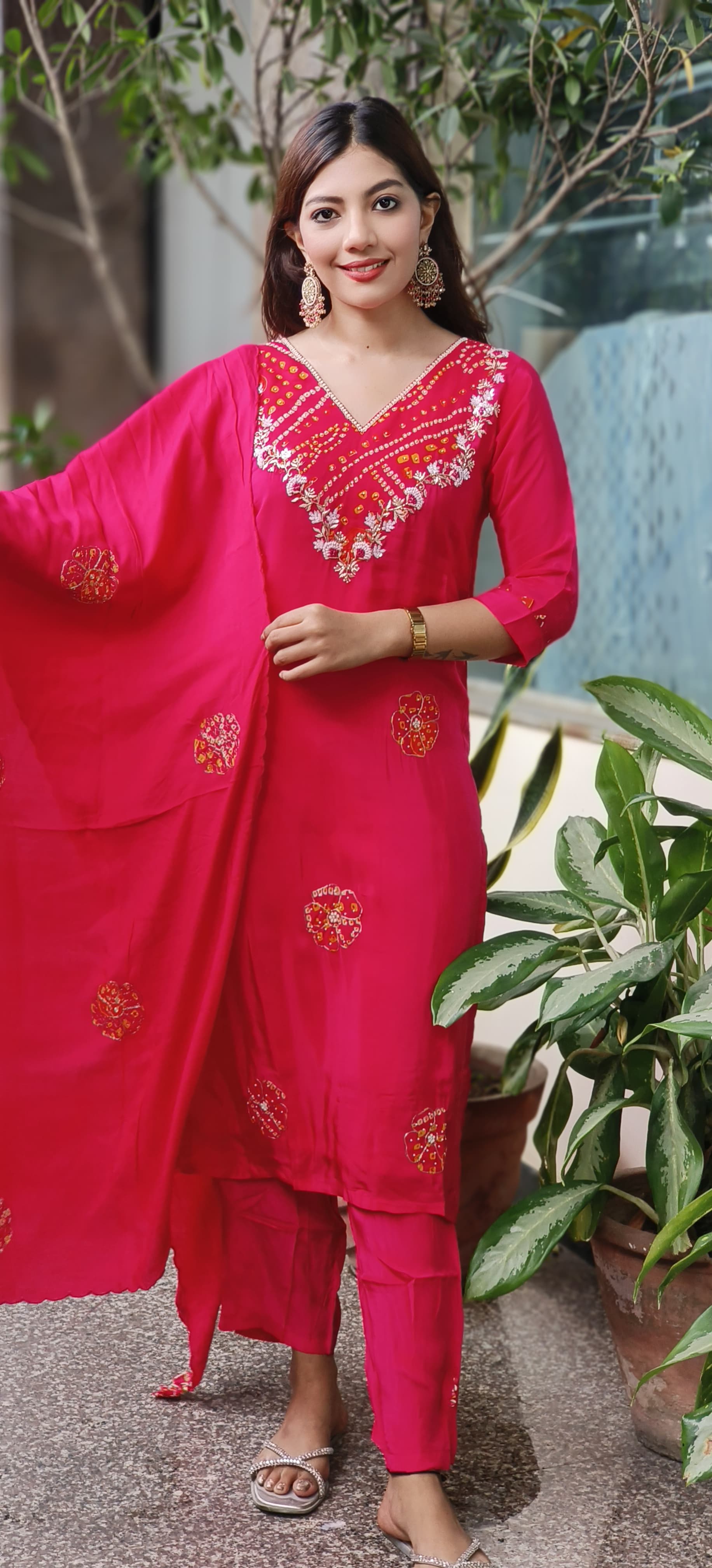 Pearl & Beads Bandhani Work V-Neck Kurta(Lining Inside) With Bottom & Dupatta In Crepe Fabric- 10043 (Red Colour Dispatching Will Be after 25 Days)