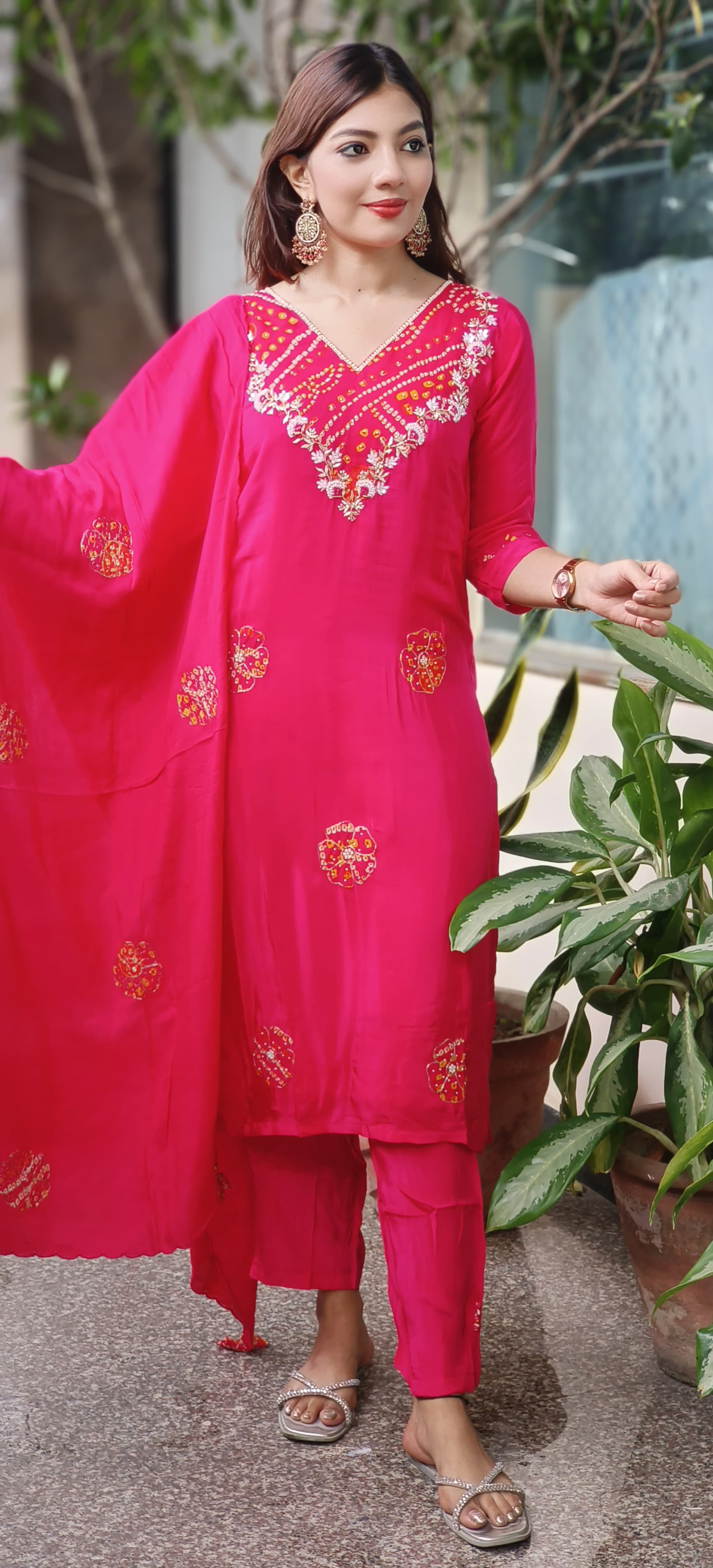 Pearl & Beads Bandhani Work V-Neck Kurta(Lining Inside) With Bottom & Dupatta In Crepe Fabric- 10043 (Red Colour Dispatching Will Be after 25 Days)