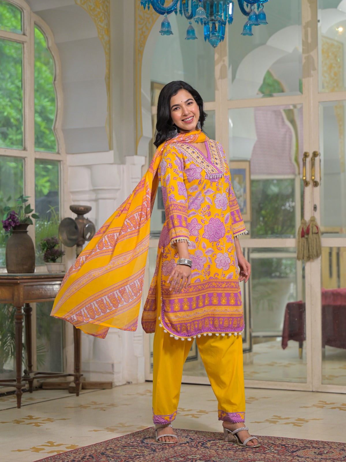 Beautiful V-Neck Foil Work & Floral Printed Short Length Kurta With Farsi Style Bottom & Dupatta In Cotton Fabric