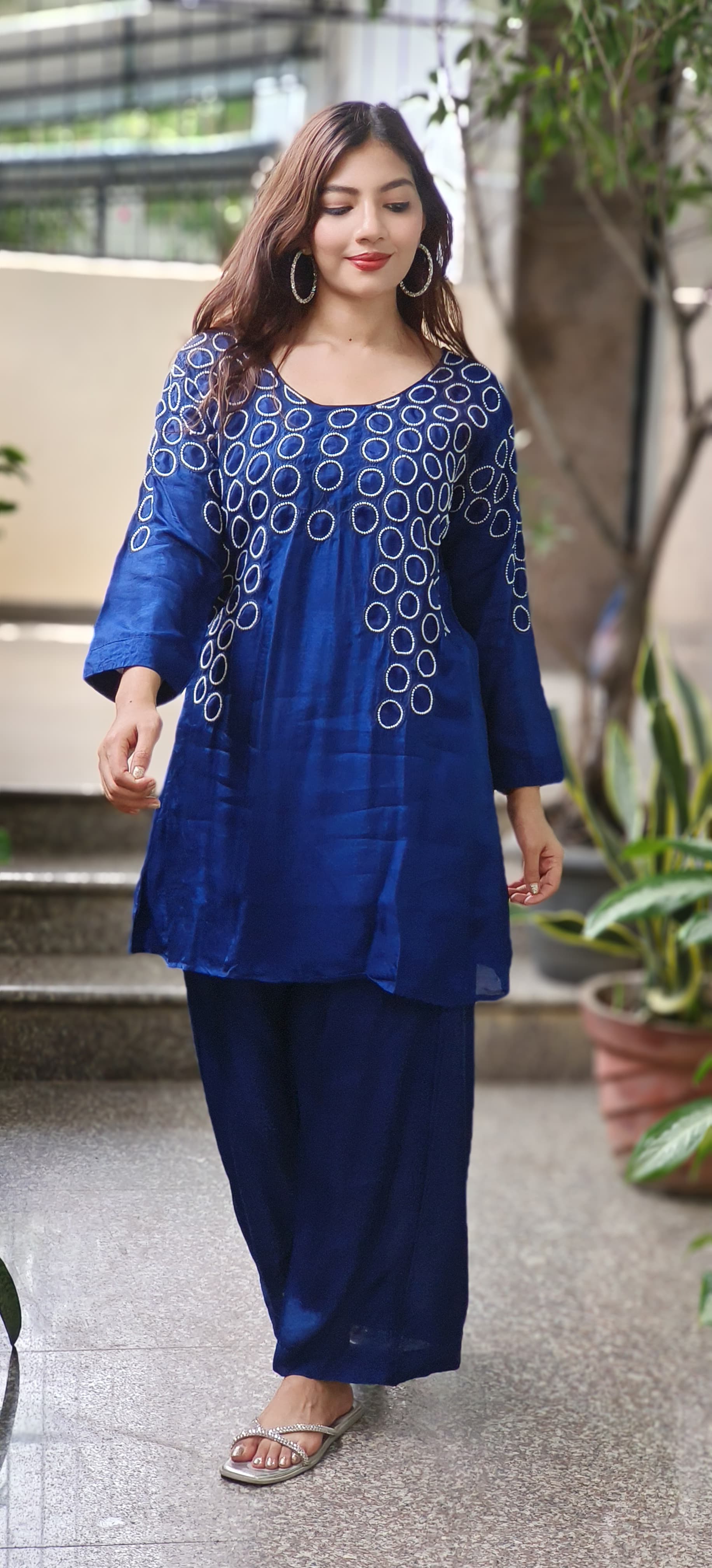 Beautiful Pearl Round Work Co-Ord Set In Dola Silk Fabric With Cotton Lining Inside- 10048
