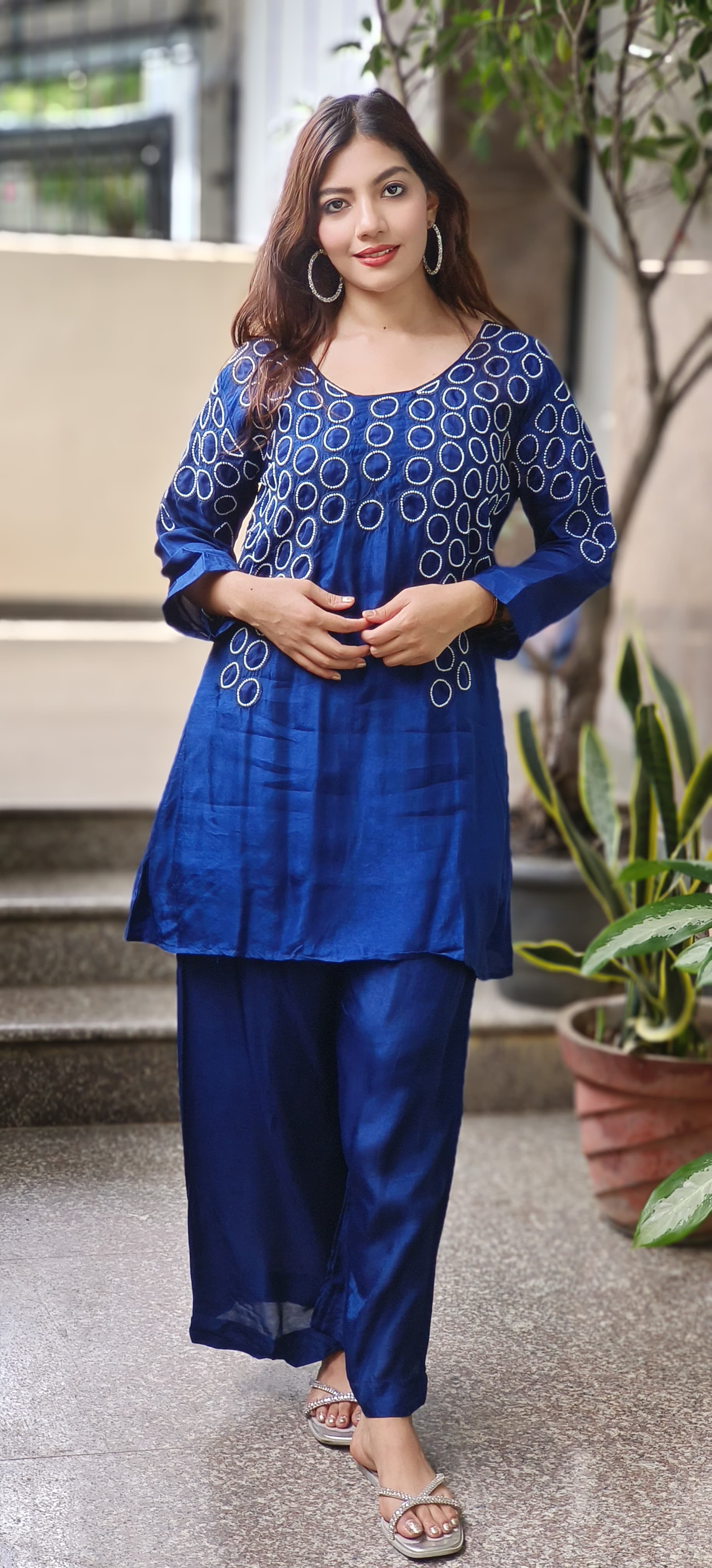 Beautiful Pearl Round Work Co-Ord Set In Dola Silk Fabric With Cotton Lining Inside- 10048