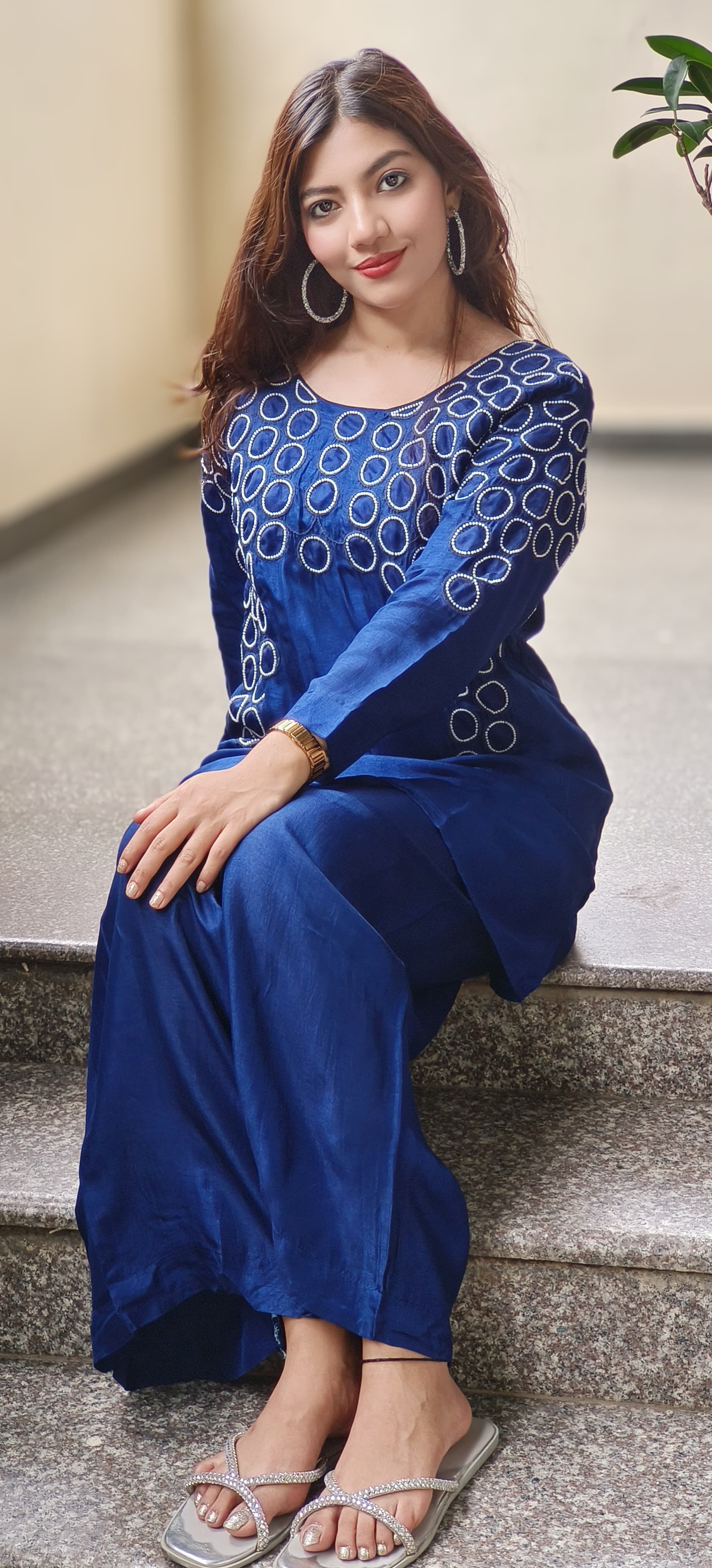 Beautiful Pearl Round Work Co-Ord Set In Dola Silk Fabric With Cotton Lining Inside- 10048