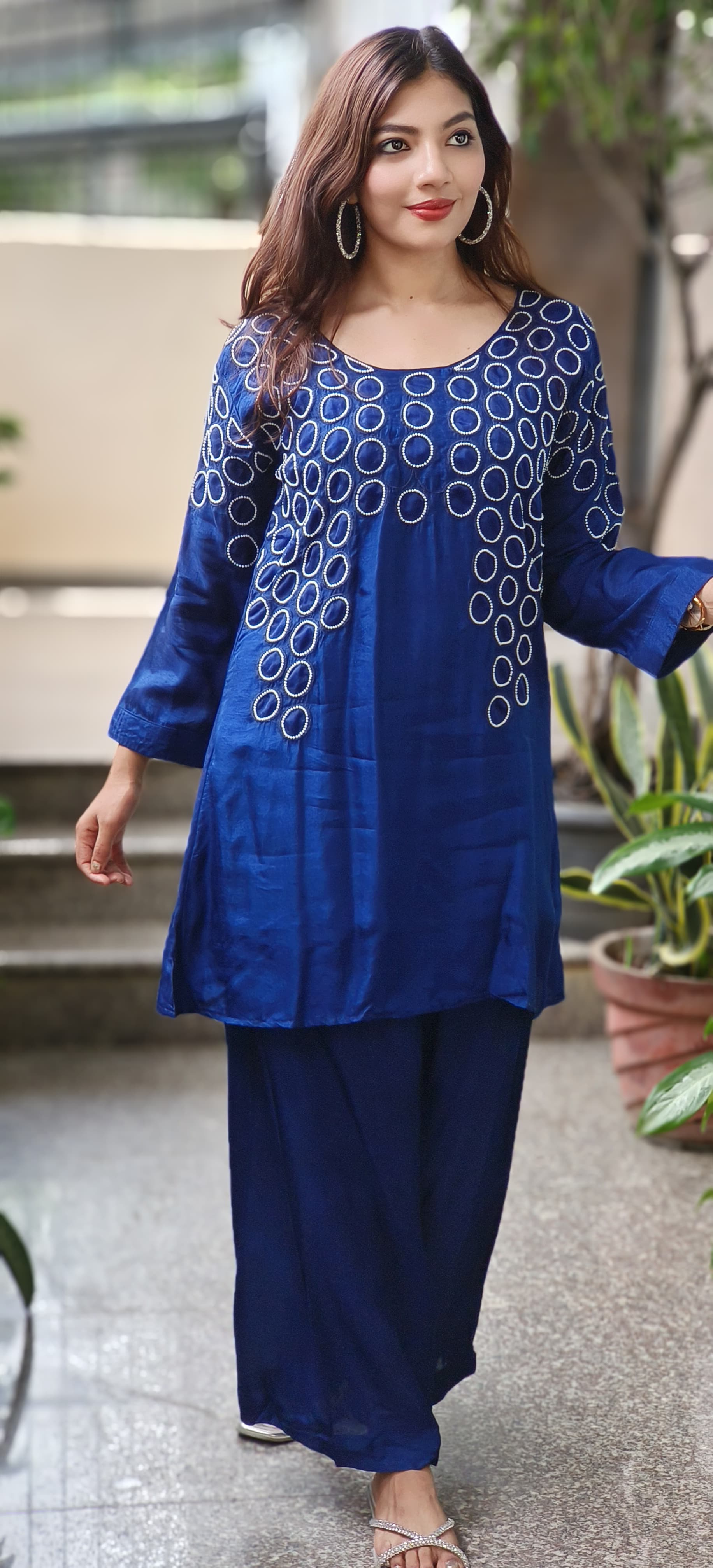 Beautiful Pearl Round Work Co-Ord Set In Dola Silk Fabric With Cotton Lining Inside- 10048