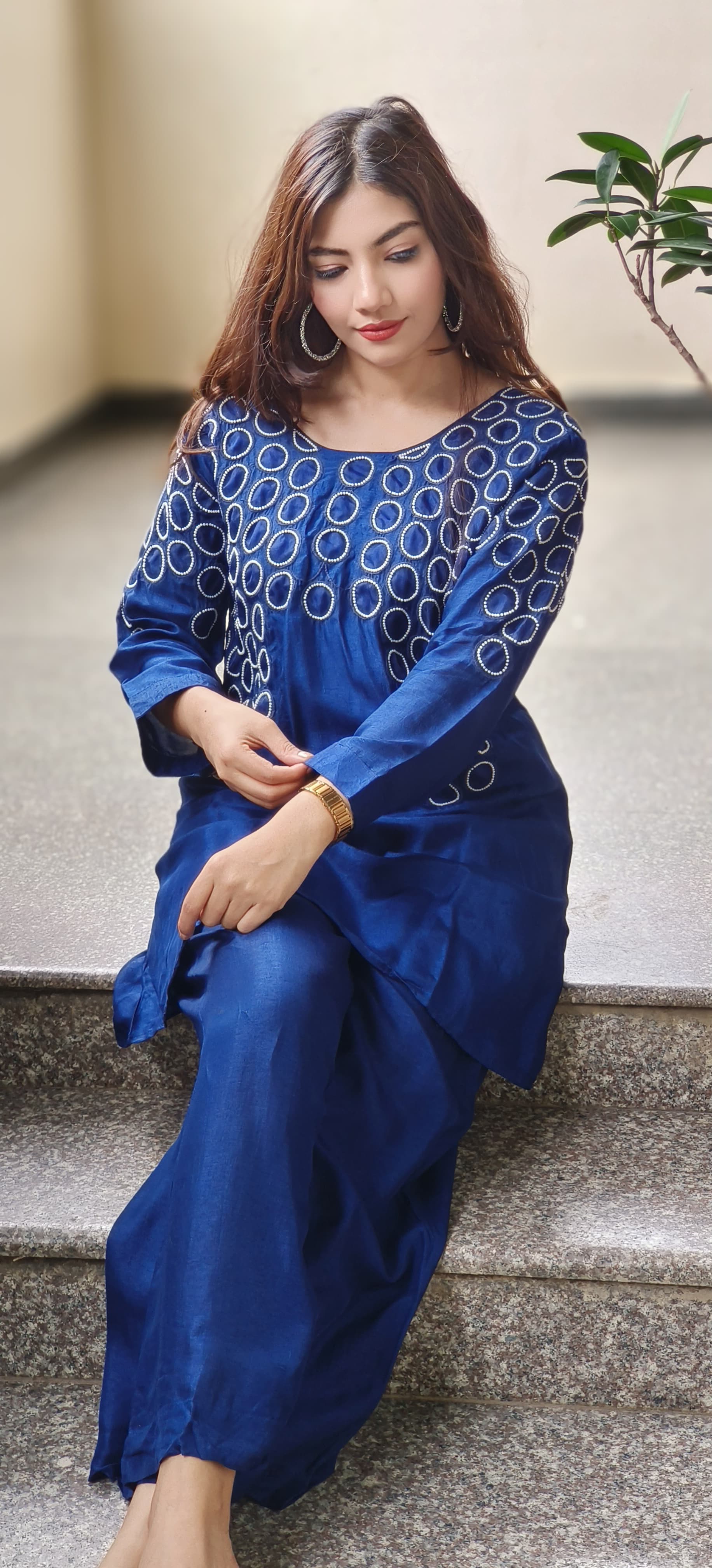 Beautiful Pearl Round Work Co-Ord Set In Dola Silk Fabric With Cotton Lining Inside- 10048