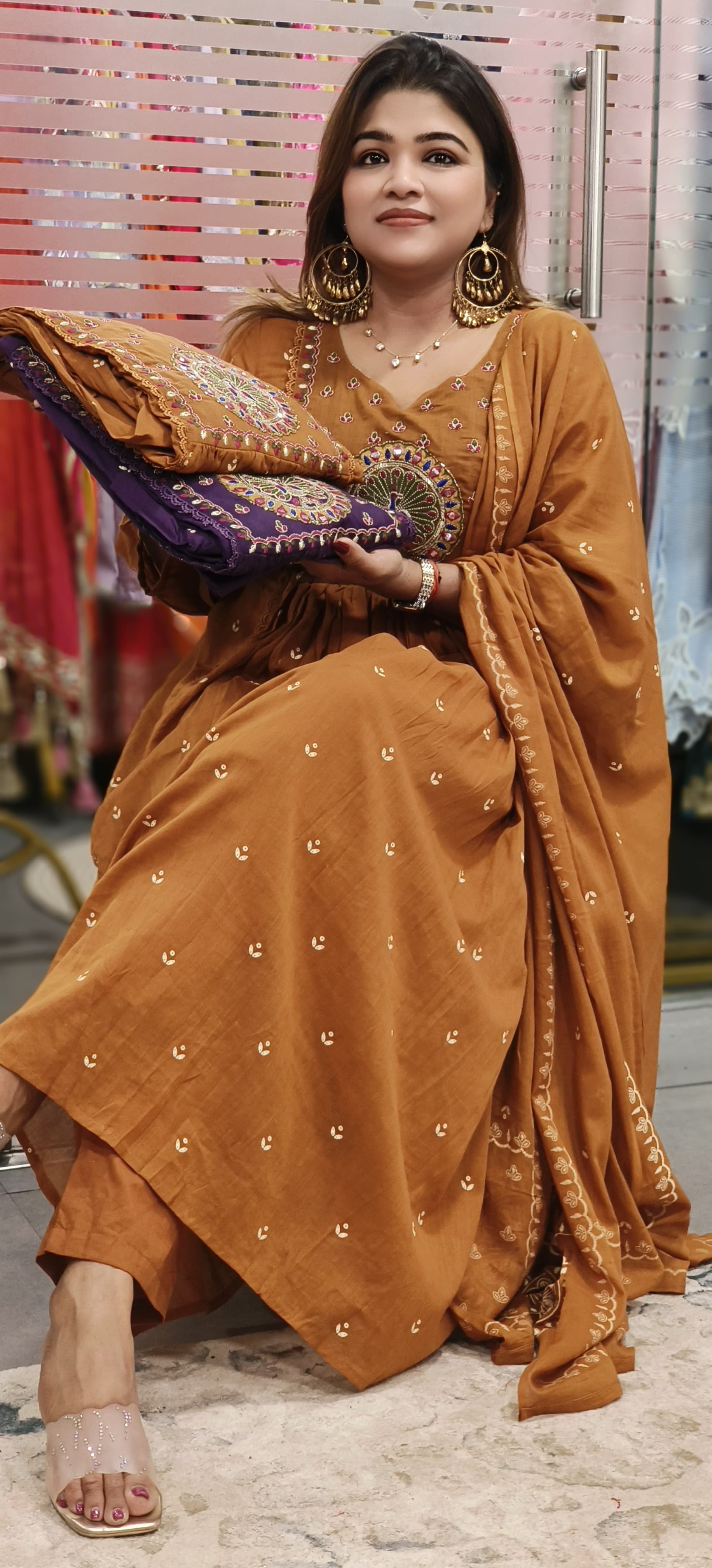 Foil Mirror Pea-Cock Front Embroidered A-Line Kurta With Bottom & Dupatta In Mul Cotton Fabric