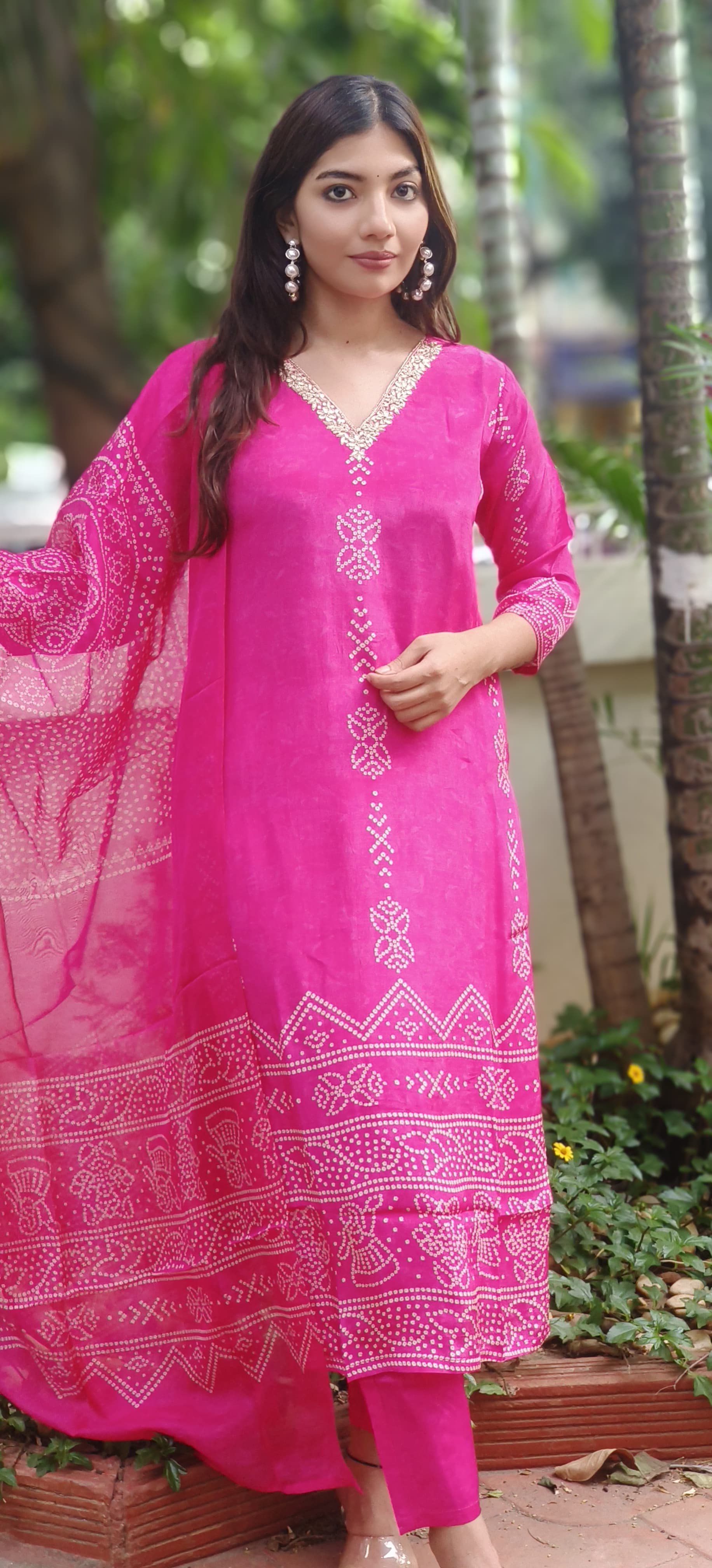 V-Neck Handwork Bandhani Print Full Suit Set With Dupatta In Crepe Fabric-10162,10377