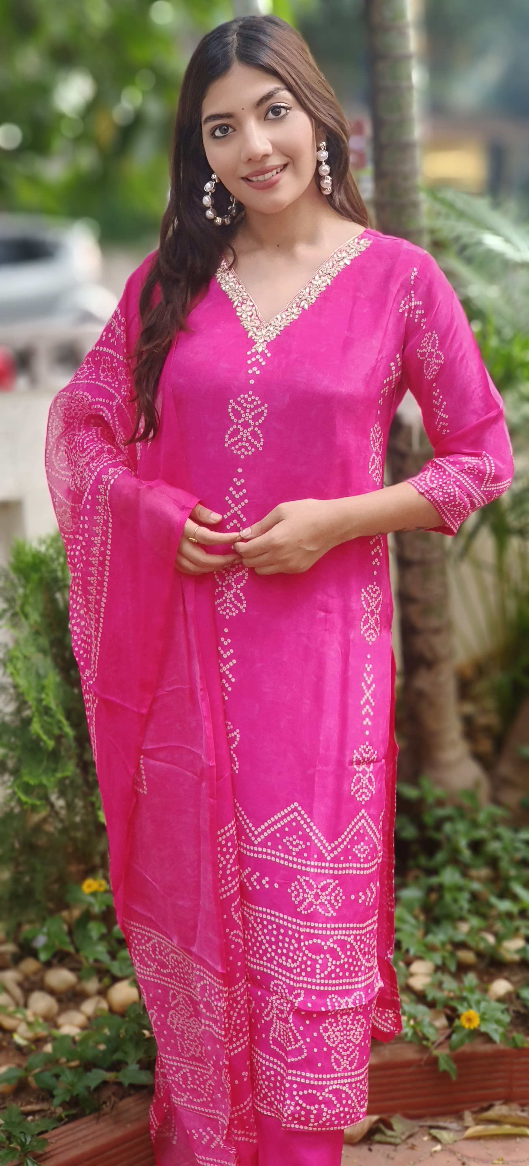 V-Neck Handwork Bandhani Print Full Suit Set With Dupatta In Crepe Fabric-10162,10377