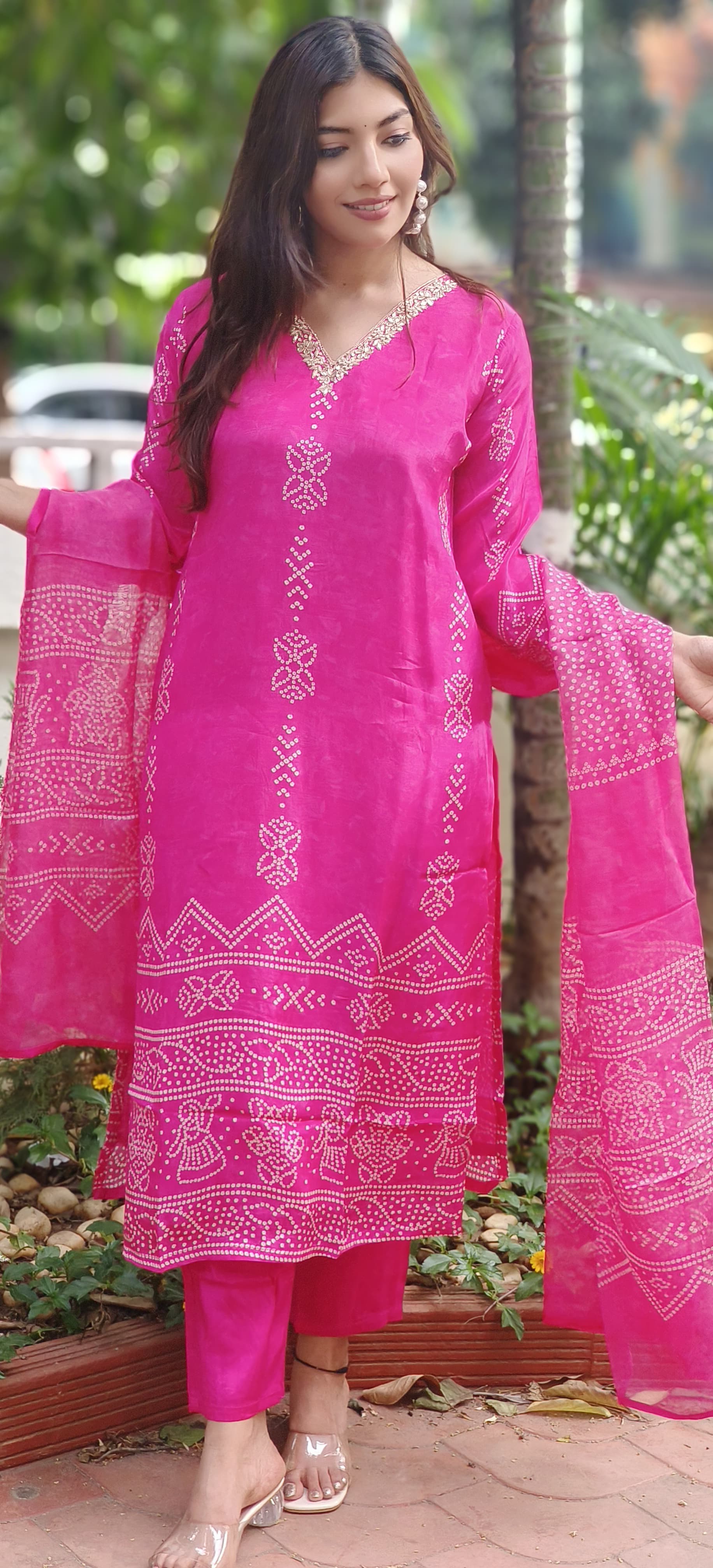 V-Neck Handwork Bandhani Print Full Suit Set With Dupatta In Crepe Fabric-10162,10377