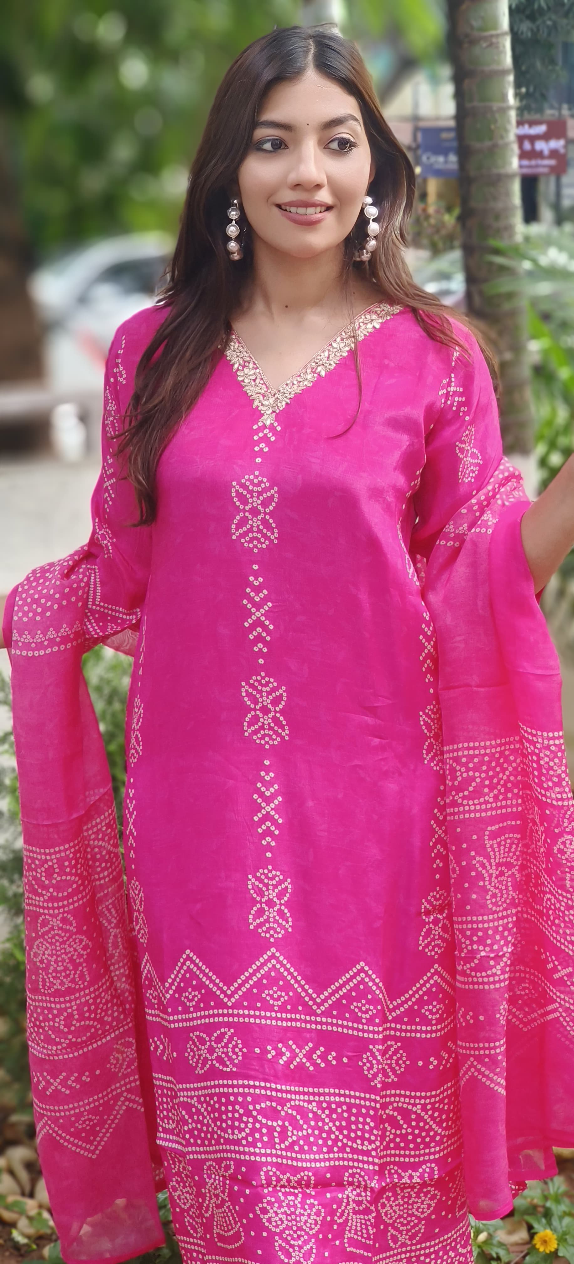 V-Neck Handwork Bandhani Print Full Suit Set With Dupatta In Crepe Fabric-10162,10377