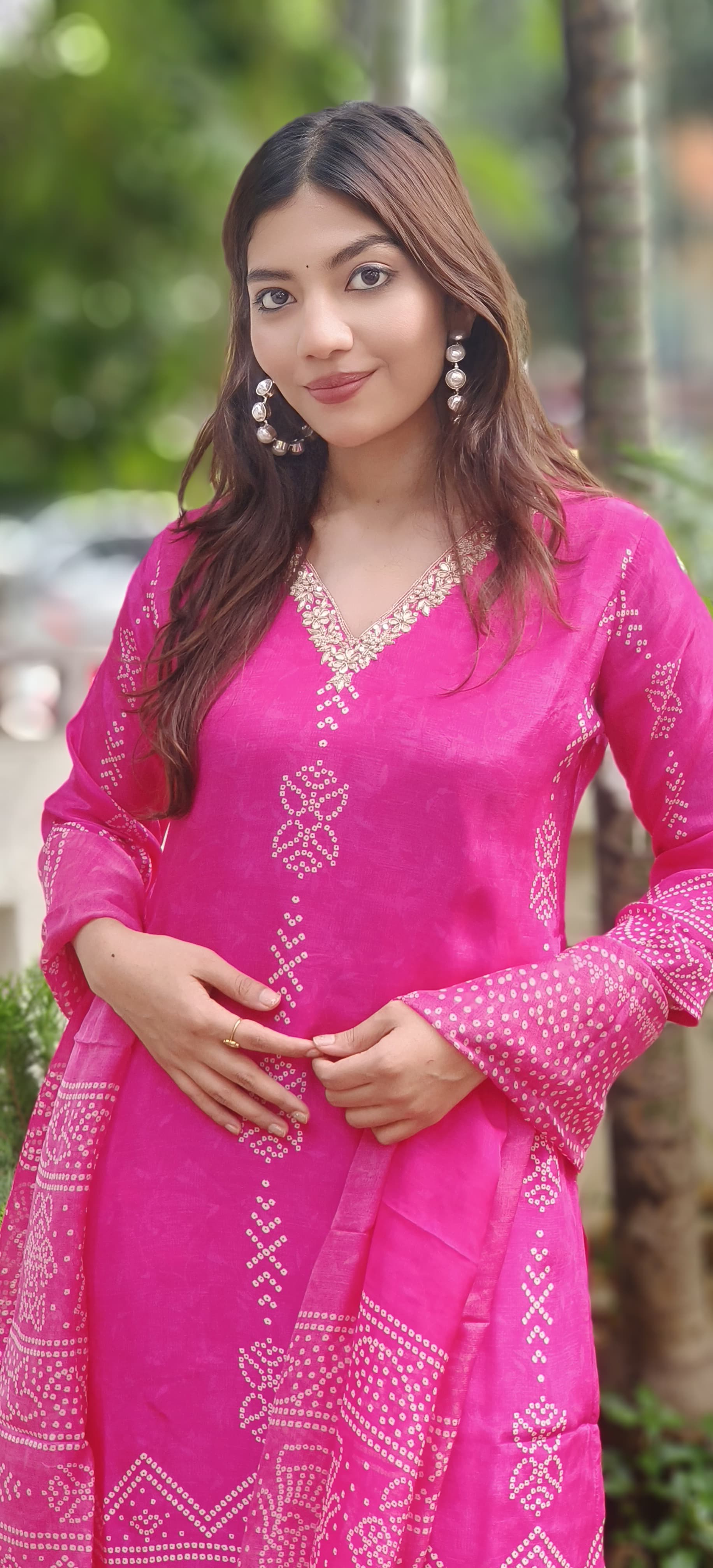 V-Neck Handwork Bandhani Print Full Suit Set With Dupatta In Crepe Fabric-10162,10377