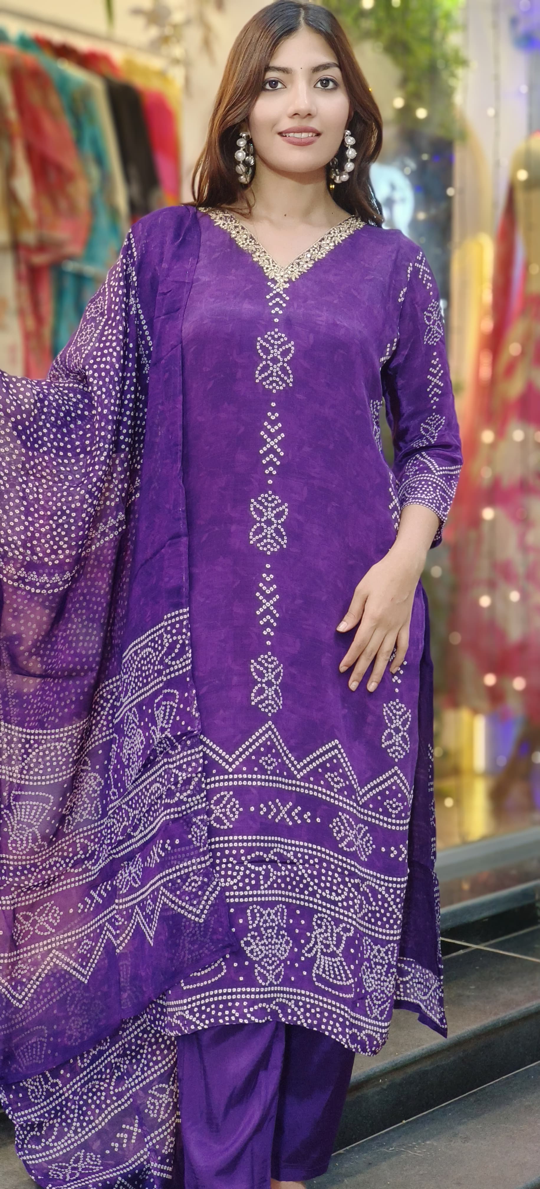 V-Neck Handwork Bandhani Print Full Suit Set With Dupatta In Crepe Fabric-10162,10377