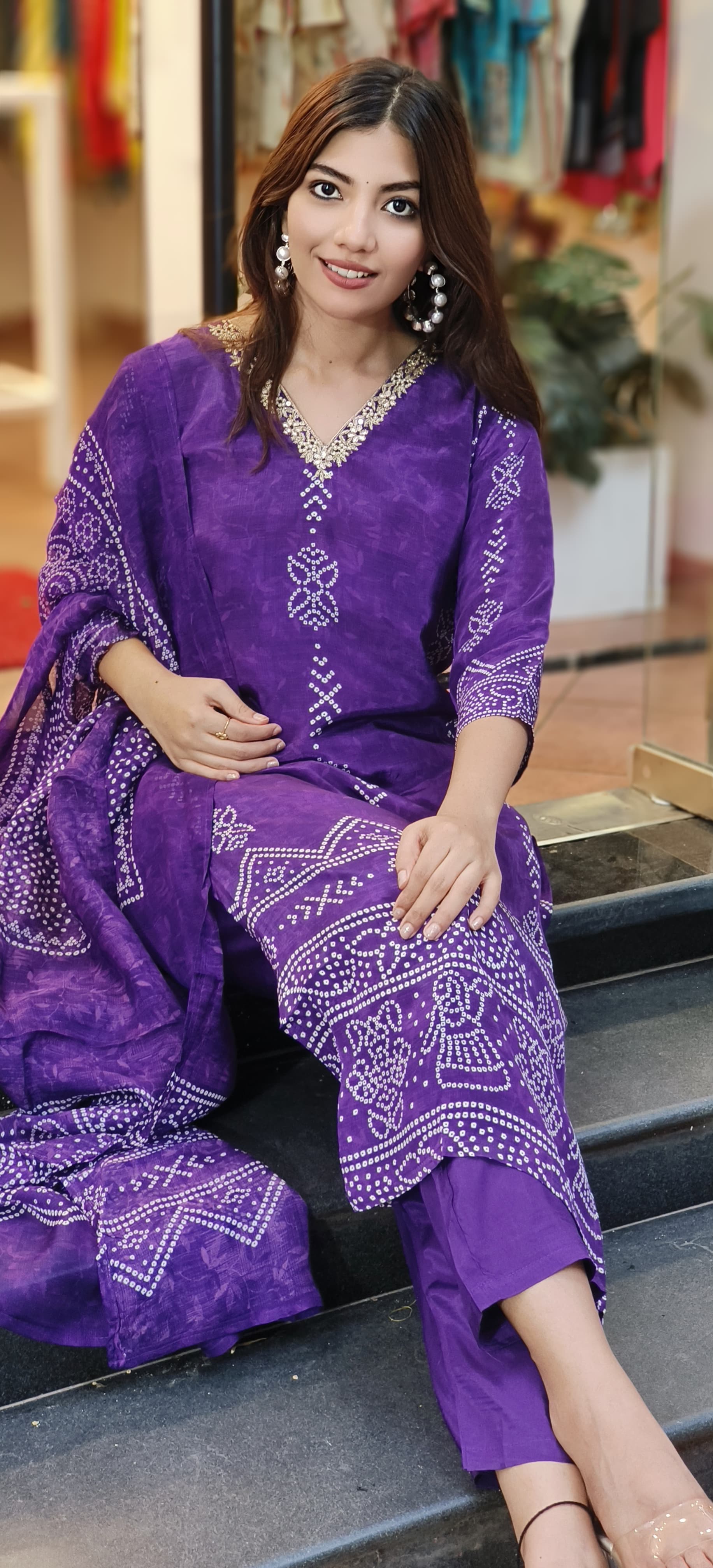 V-Neck Handwork Bandhani Print Full Suit Set With Dupatta In Crepe Fabric-10162,10377