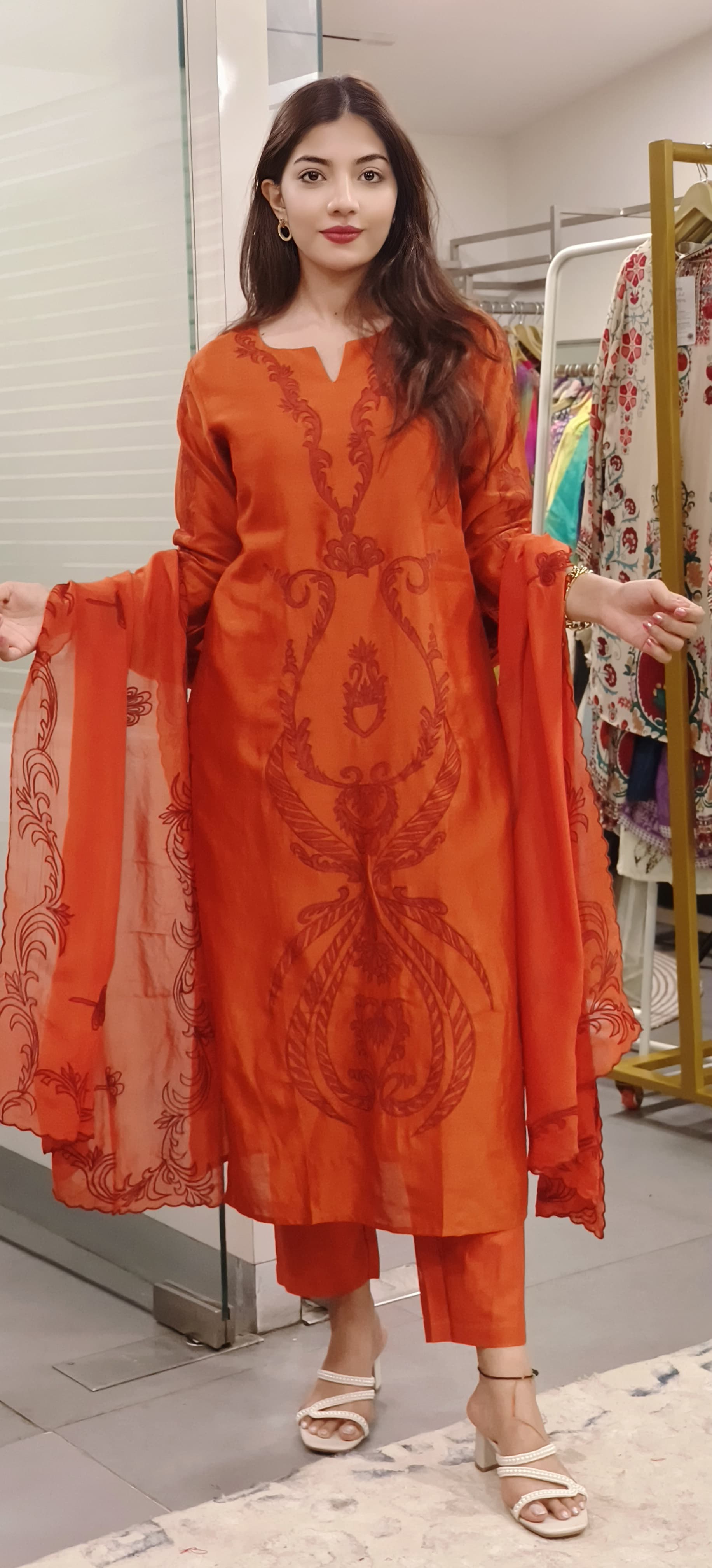 Chanderi Floral Cutwork Straight Full Suit With Dupatta- 09412, 09413