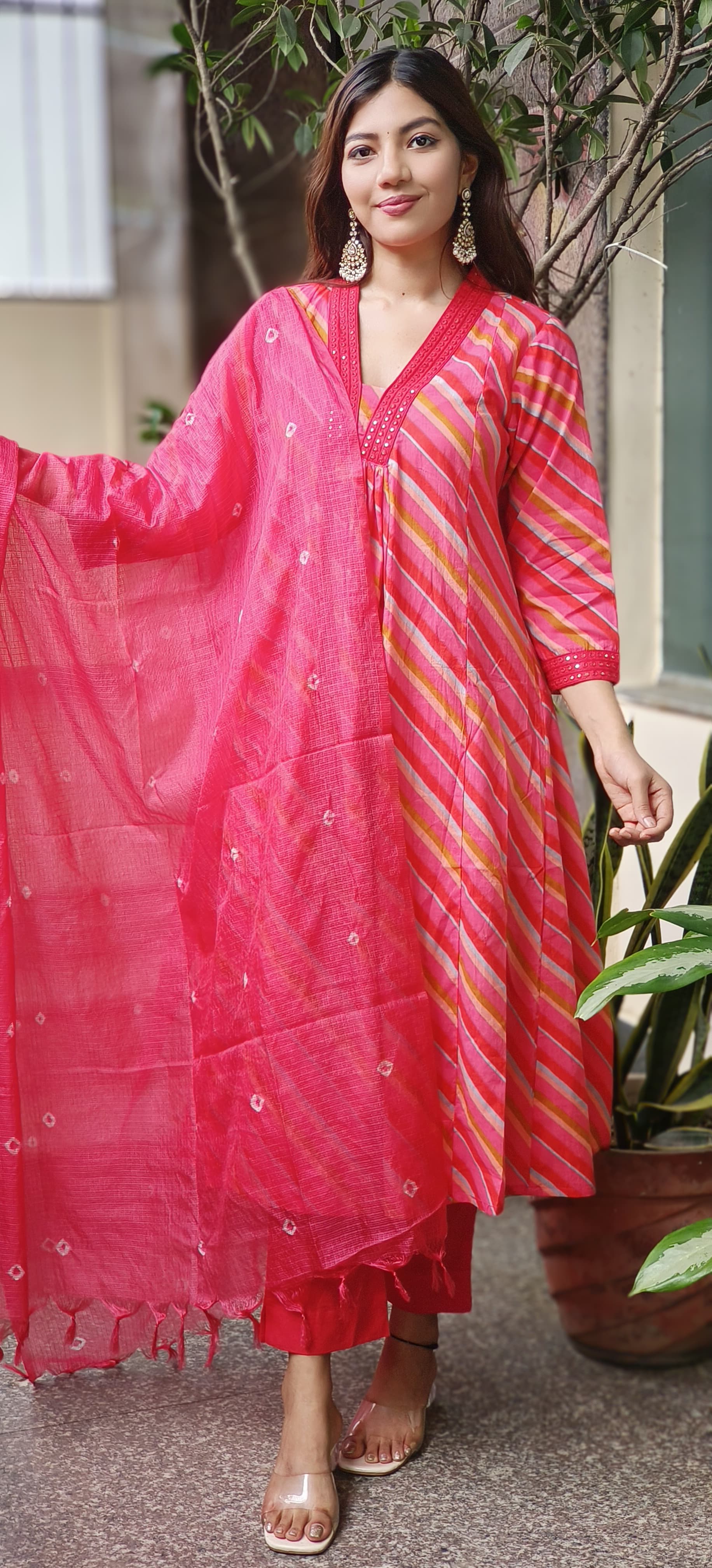 Cotton Lehriya Print Aline Full Set With Kota Doria Dupatta