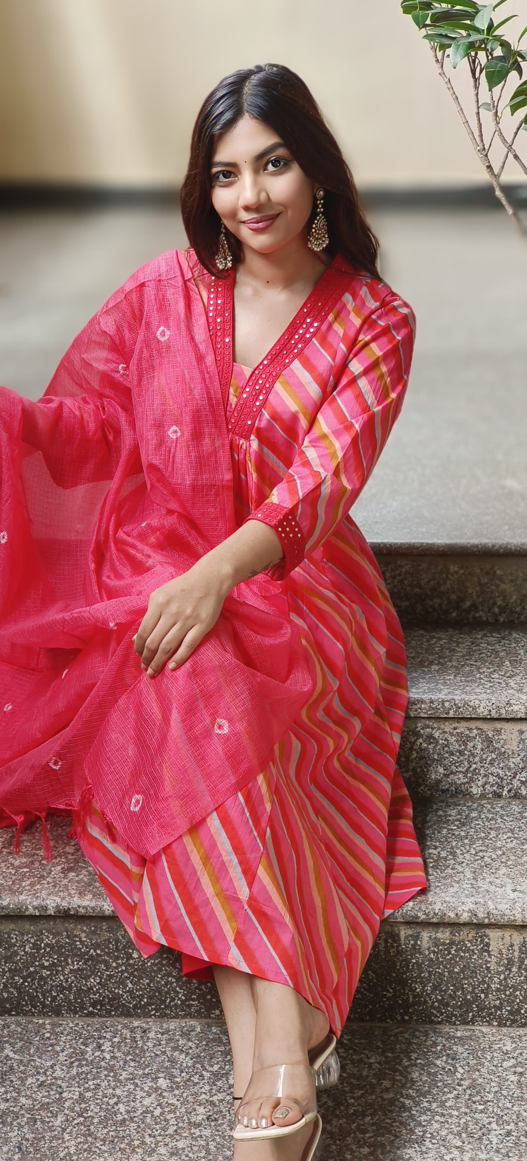 Cotton Lehriya Print Aline Full Set With Kota Doria Dupatta