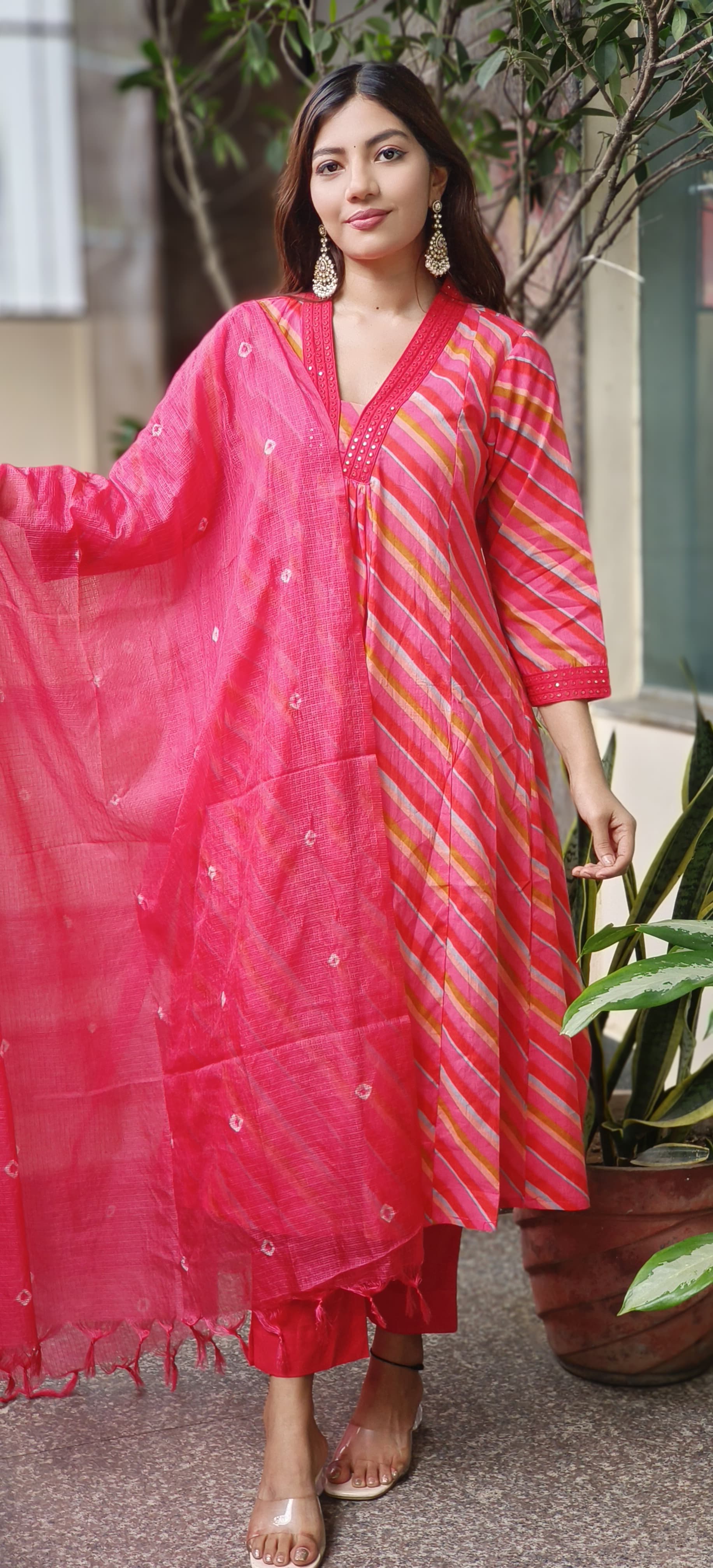 Cotton Lehriya Print Aline Full Set With Kota Doria Dupatta