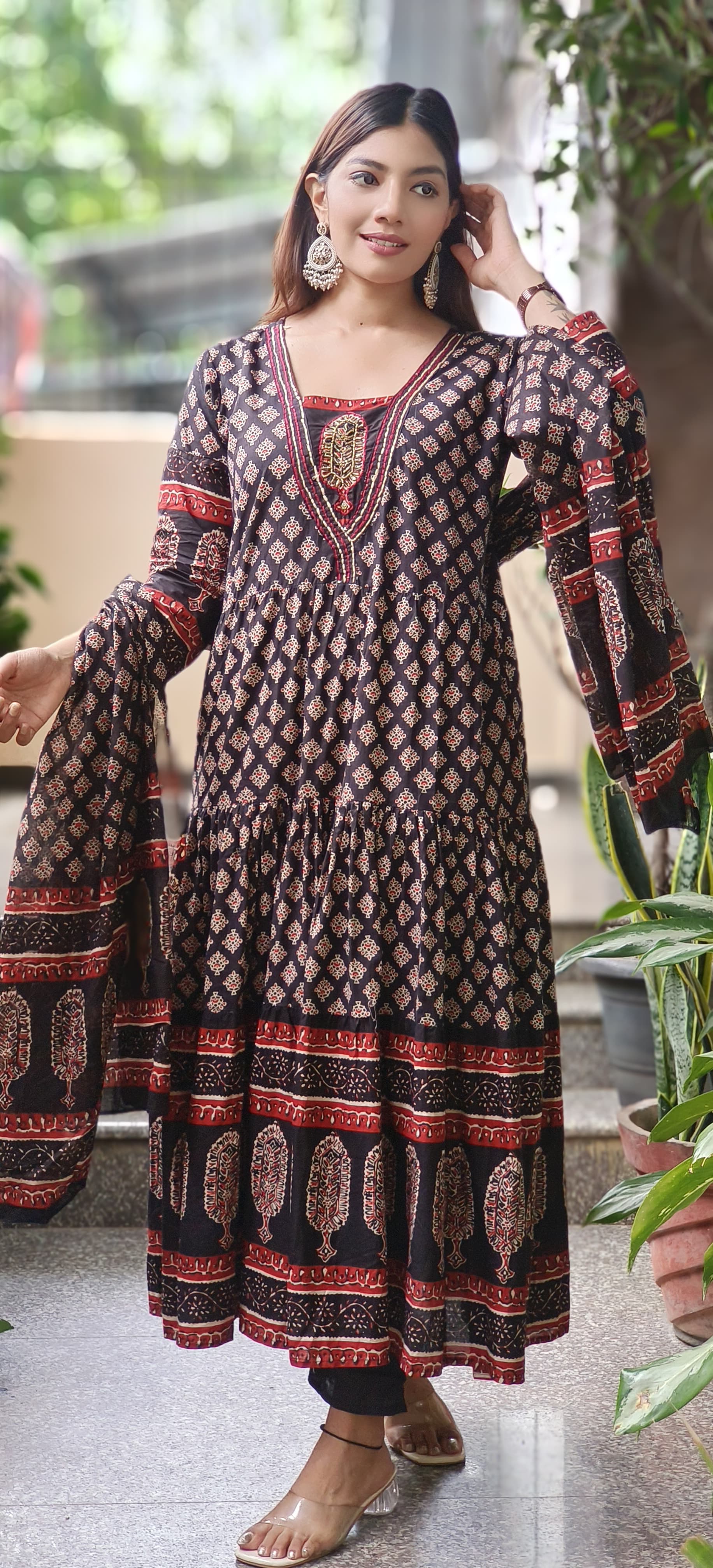 Cotton Printed Embroidered Neck Anarkali Full Suit Set With Dupatta