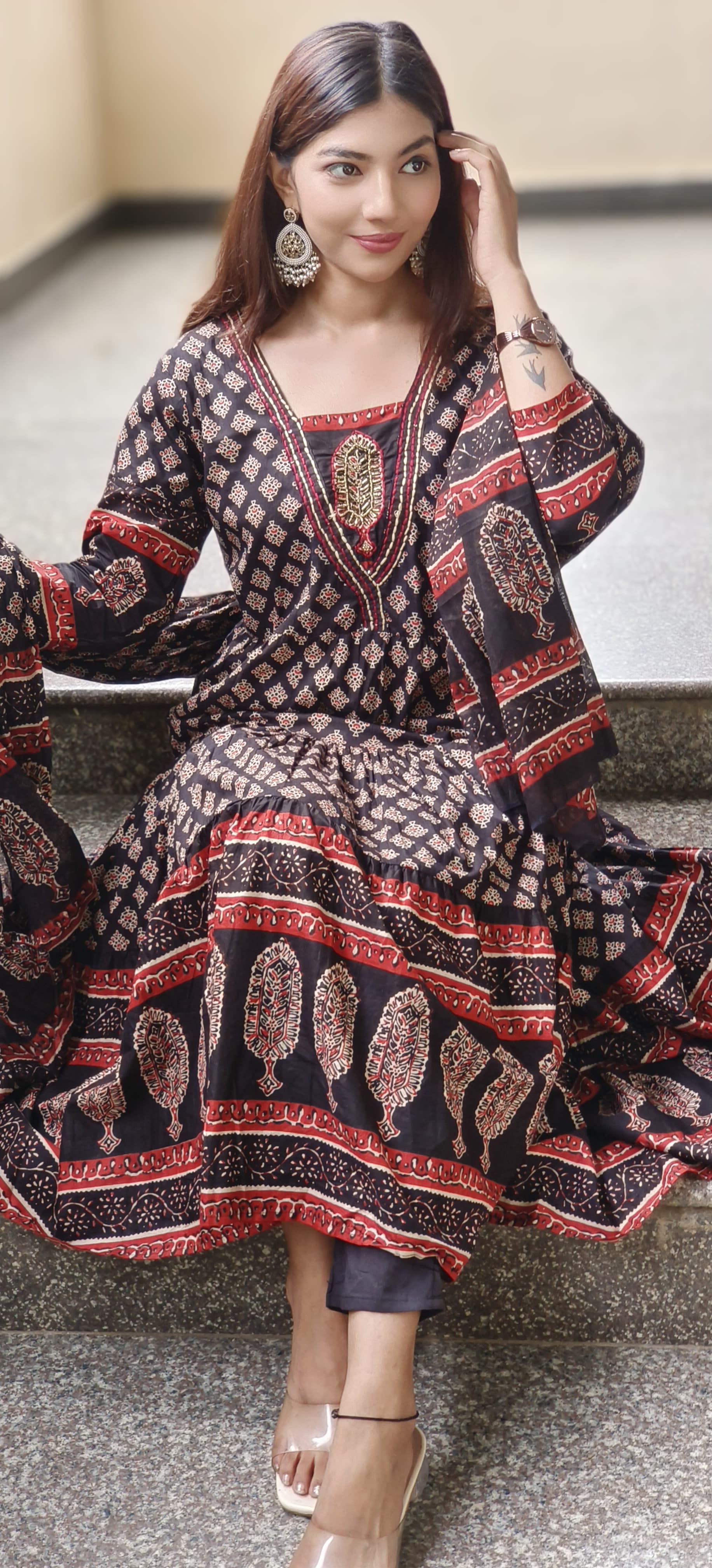 Cotton Printed Embroidered Neck Anarkali Full Suit Set With Dupatta