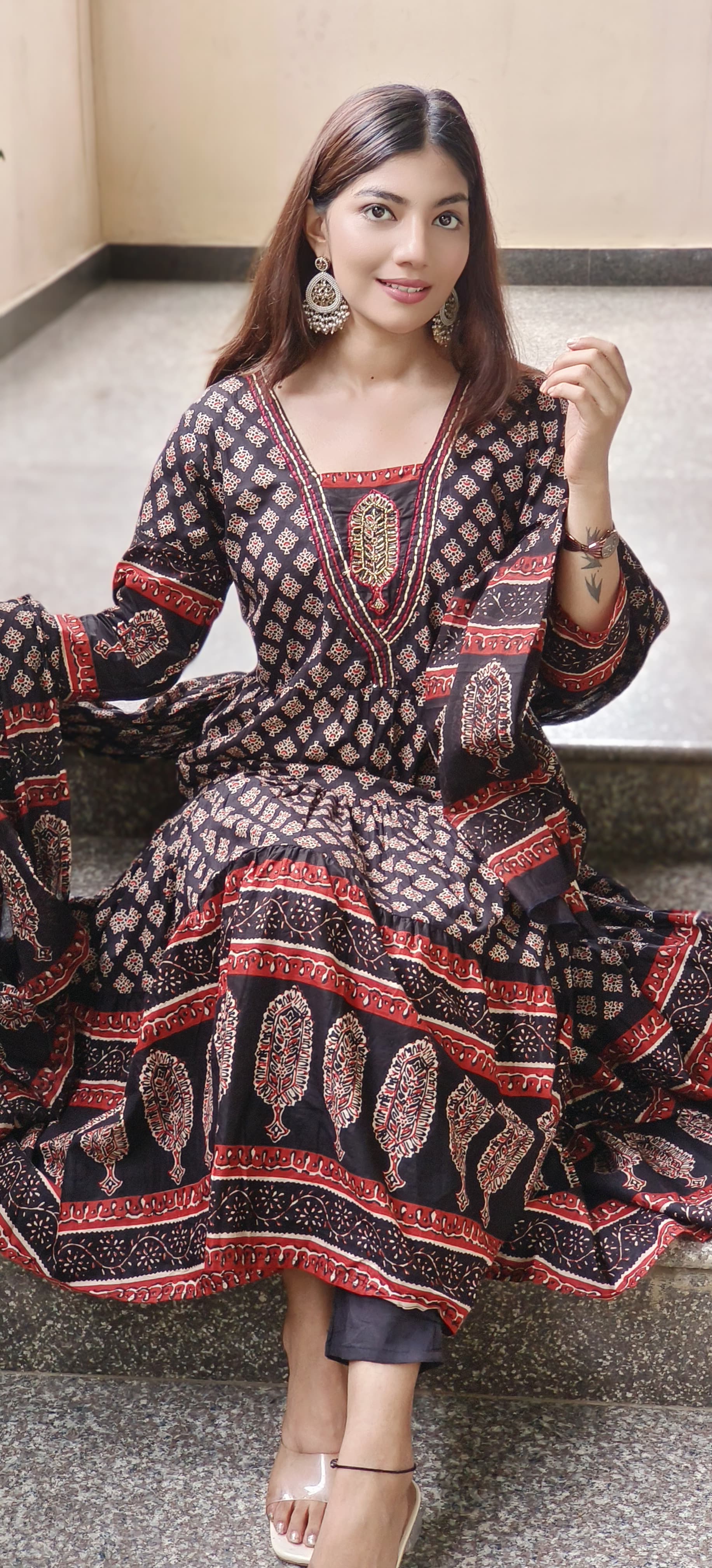 Cotton Printed Embroidered Neck Anarkali Full Suit Set With Dupatta