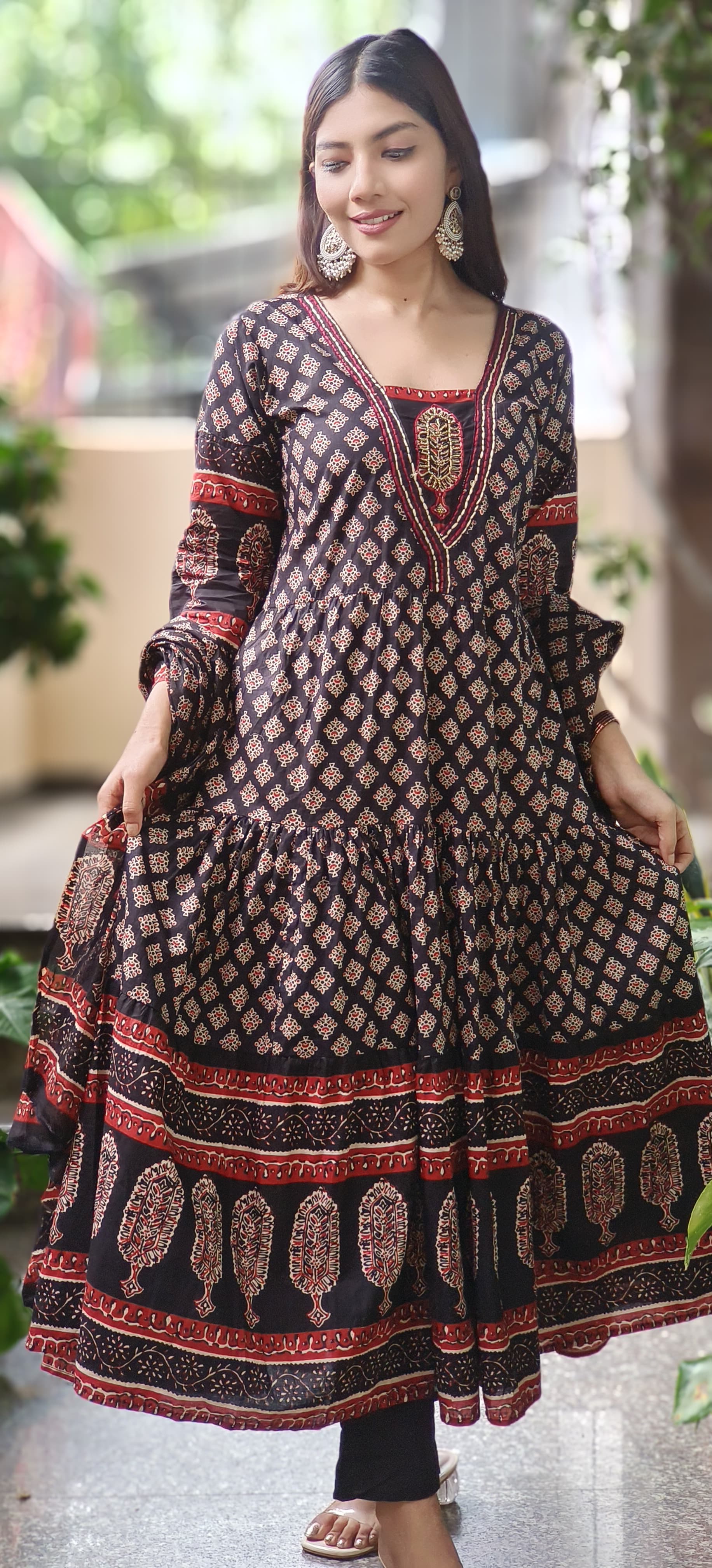 Cotton Printed Embroidered Neck Anarkali Full Suit Set With Dupatta