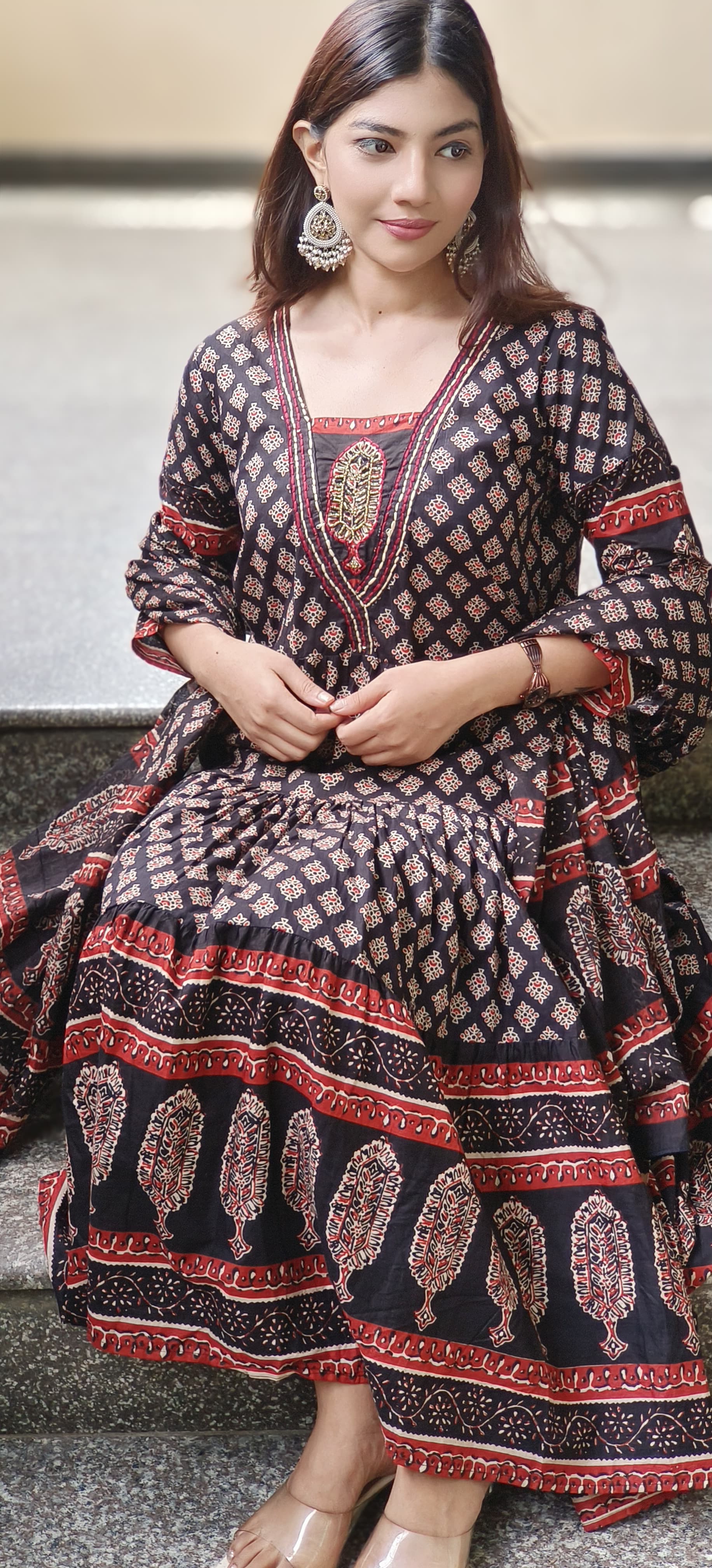 Cotton Printed Embroidered Neck Anarkali Full Suit Set With Dupatta