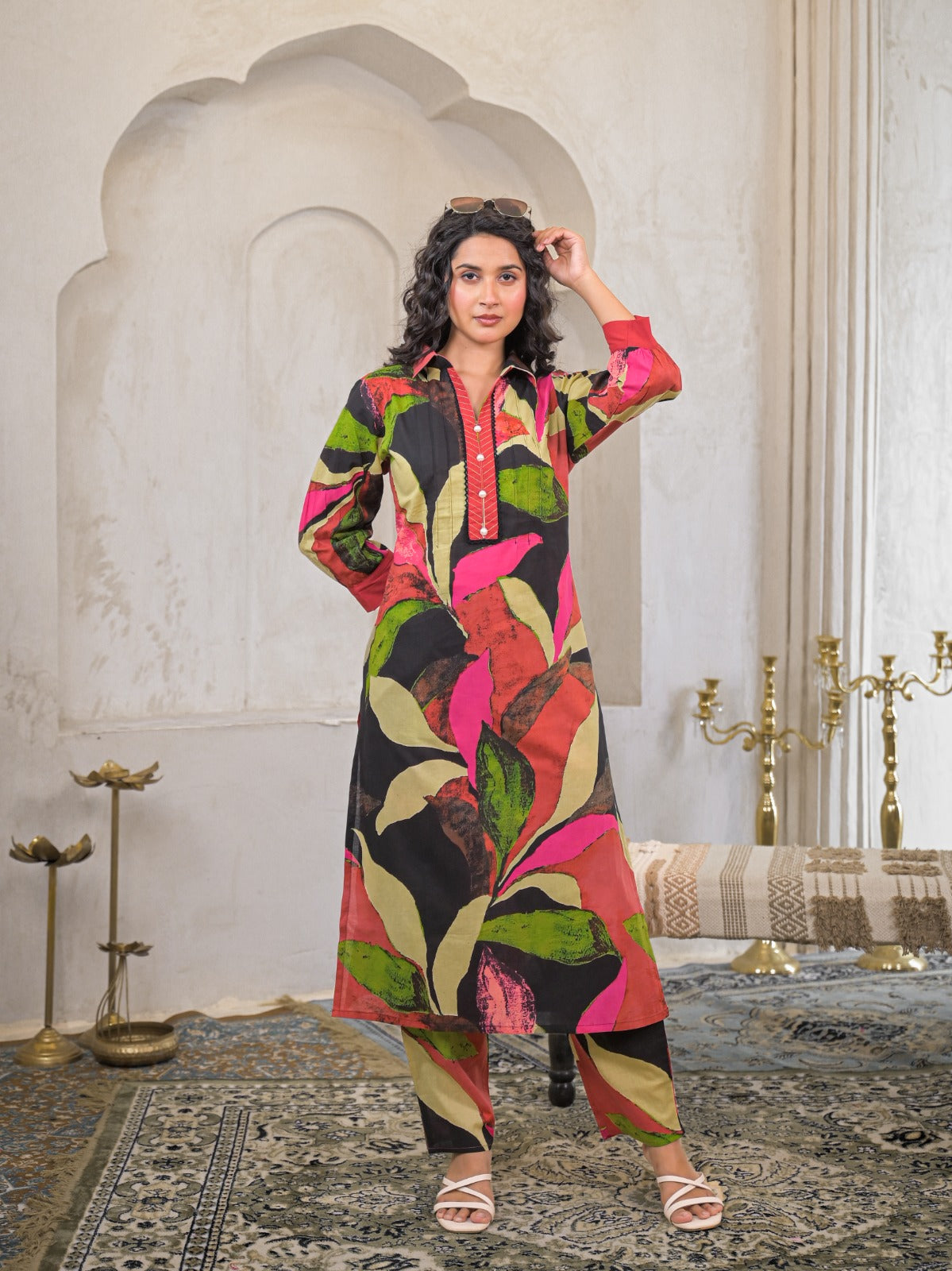 Multicolored Colored Peral Button Co-Ord Look Kurta Pant Set