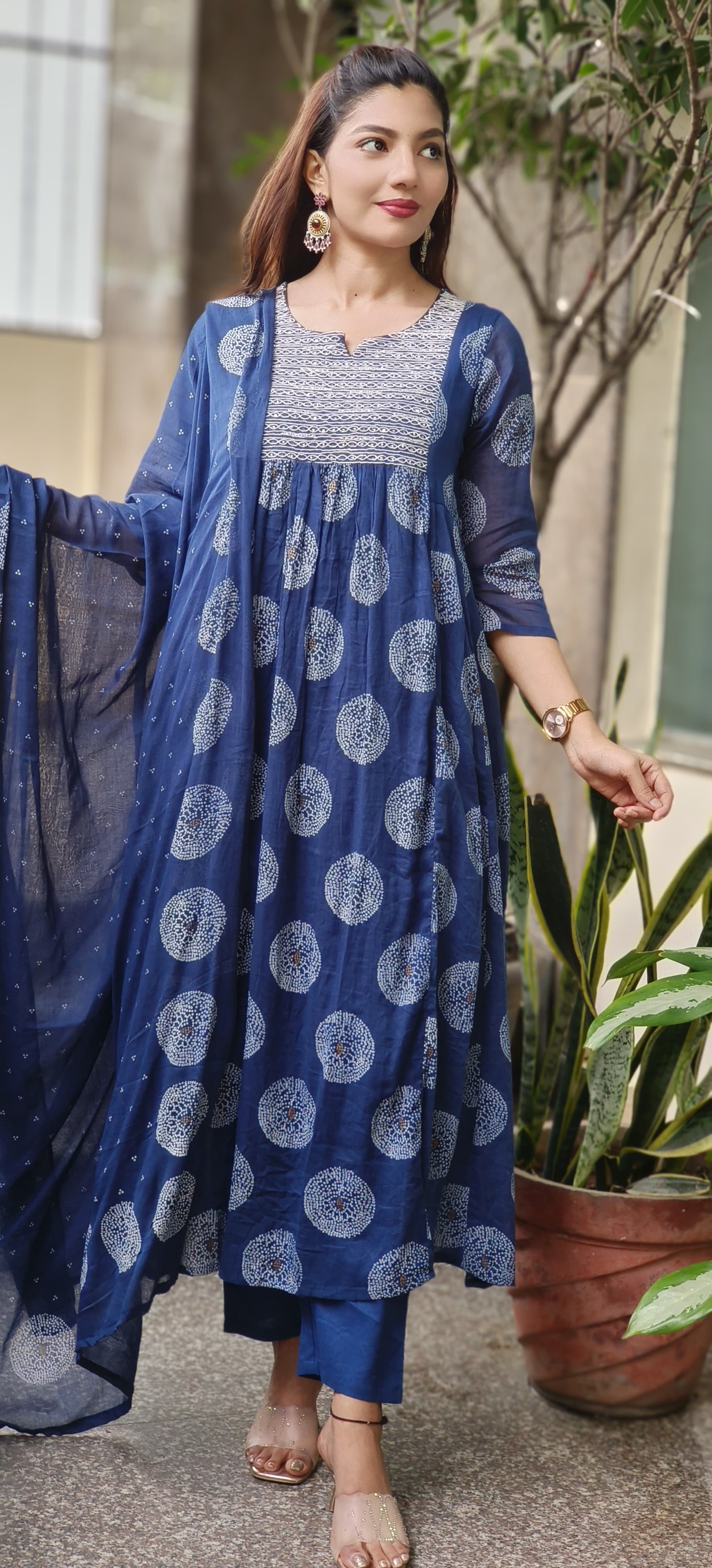 Tara Circle Weave Cotton Anarkali Full Suit Set With Dupatta