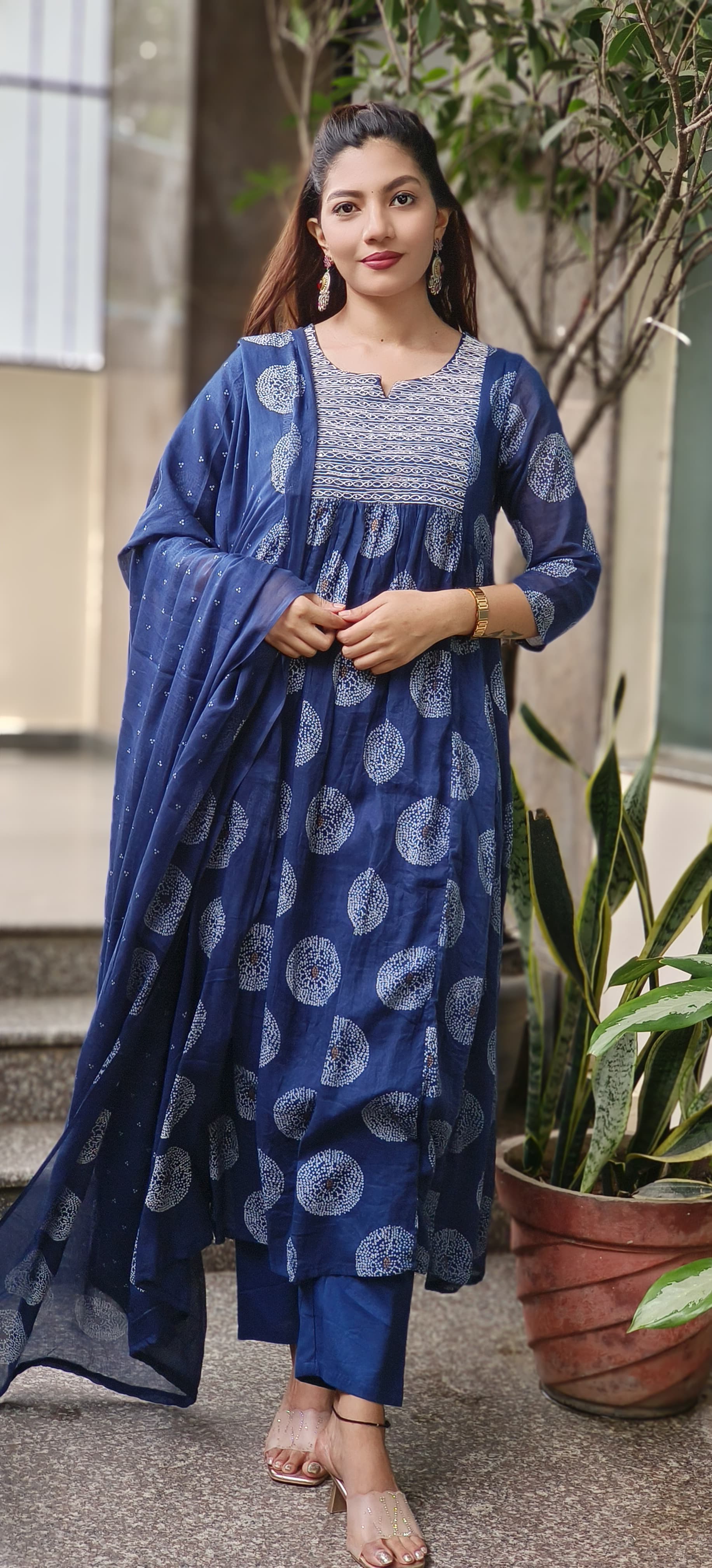 Tara Circle Weave Cotton Anarkali Full Suit Set With Dupatta