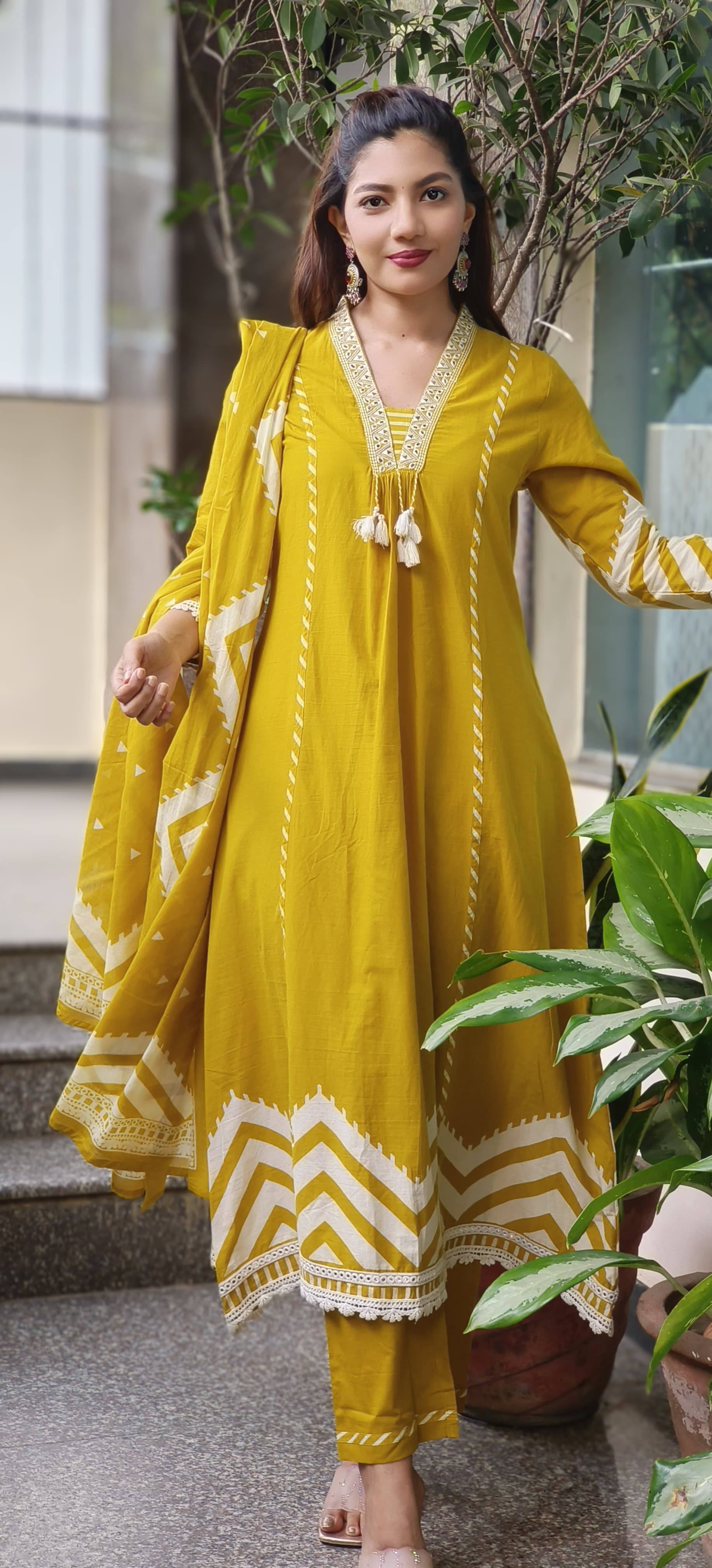 Zehra Chevron Suttle Work Mirror A-line Cotton Full Suit Set With Dupatta 10415