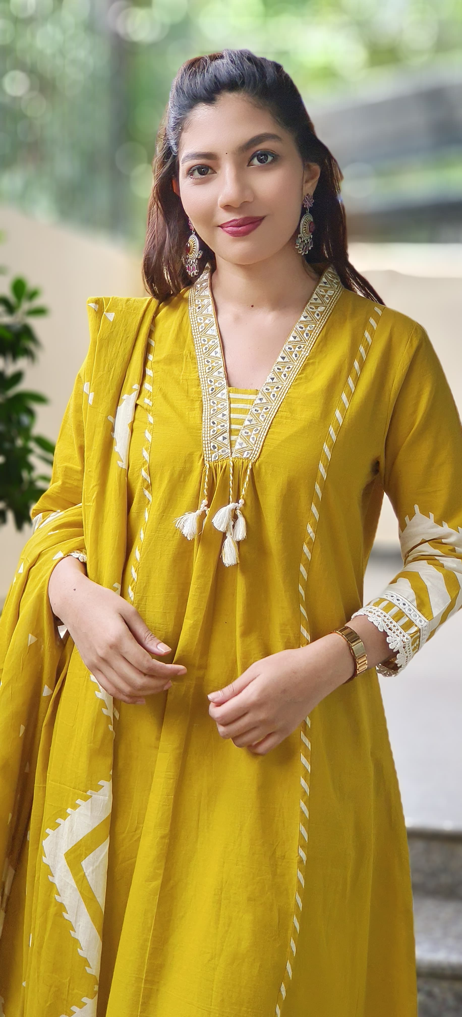 Zehra Chevron Suttle Work Mirror A-line Cotton Full Suit Set With Dupatta 10415