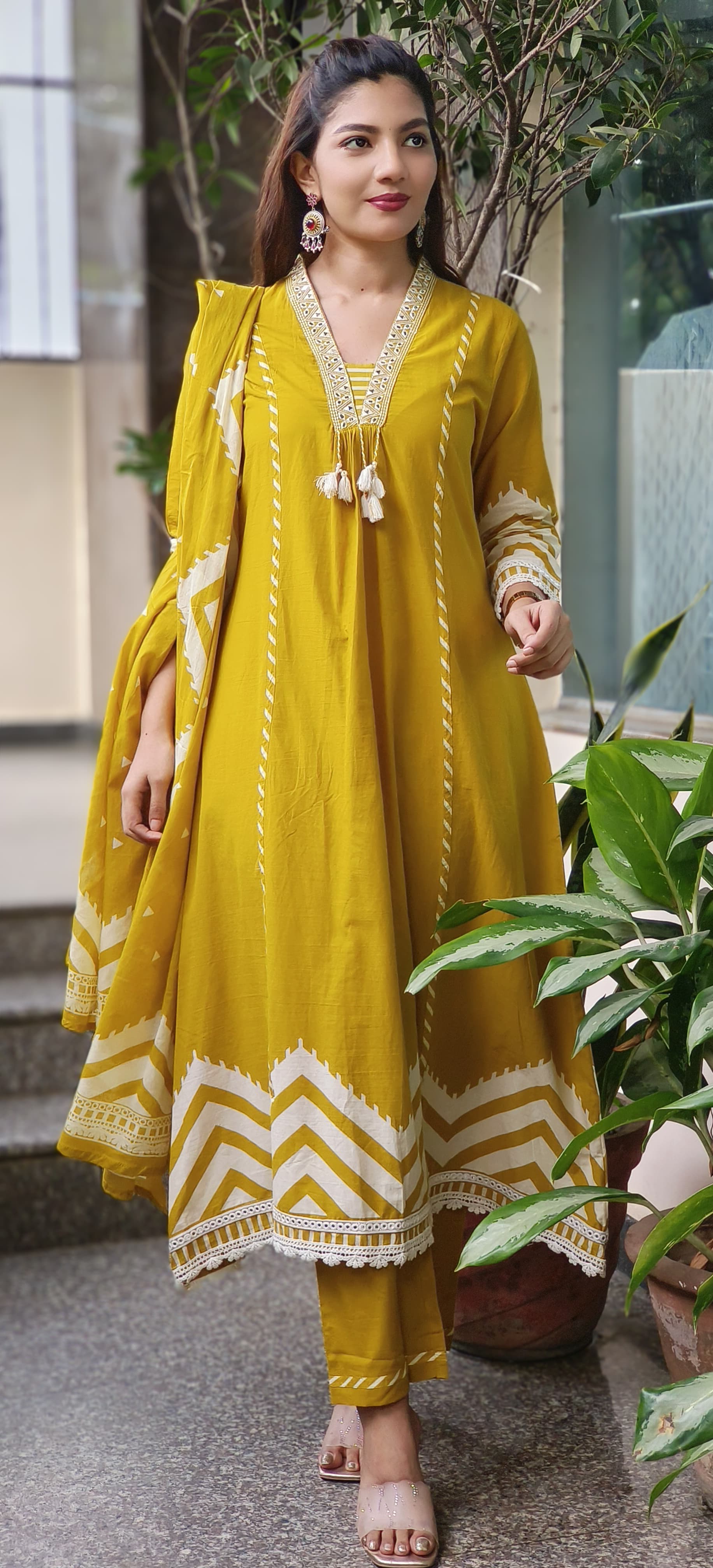 Zehra Chevron Suttle Work Mirror A-line Cotton Full Suit Set With Dupatta 10415