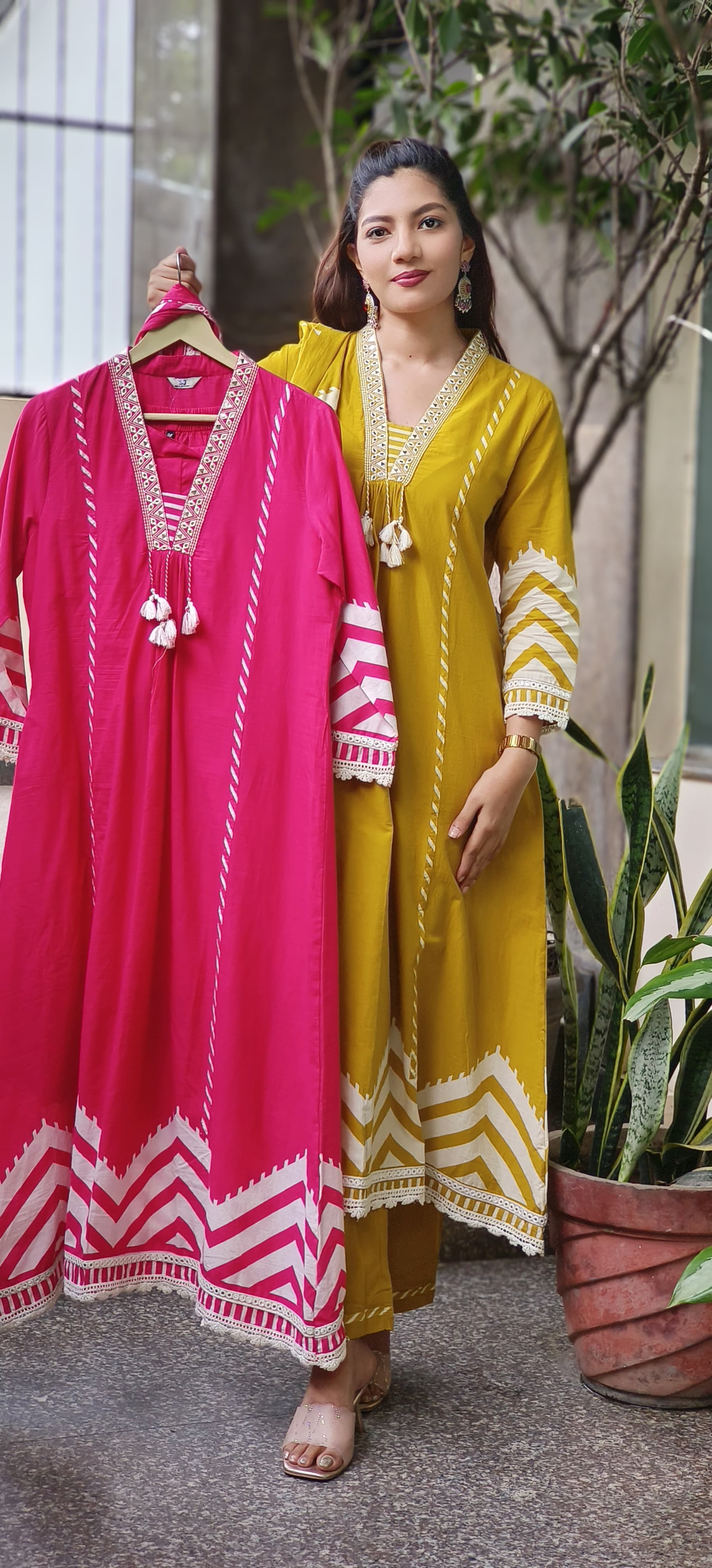 Zehra Chevron Suttle Work Mirror A-line Cotton Full Suit Set With Dupatta 10415