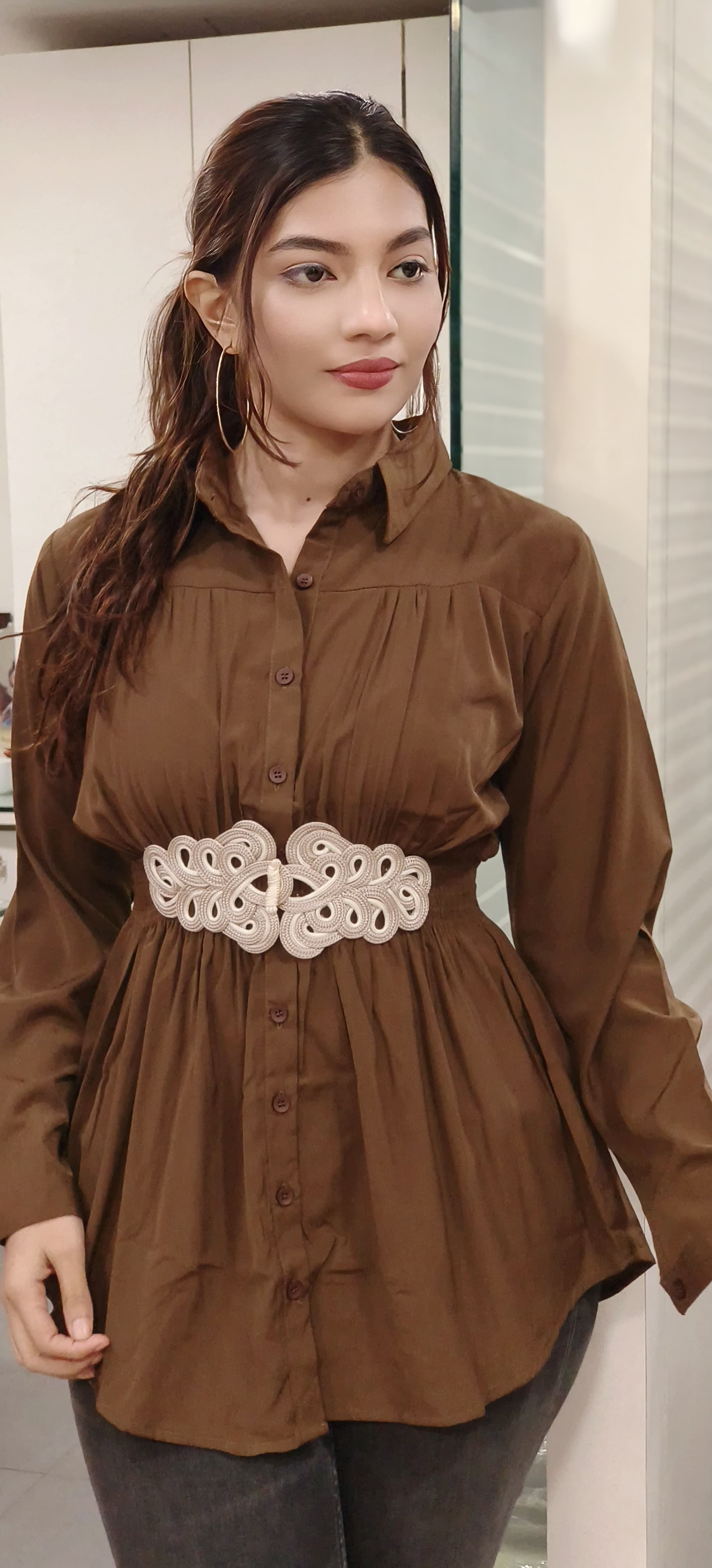 Solid Collared Shirts With Middle Belt